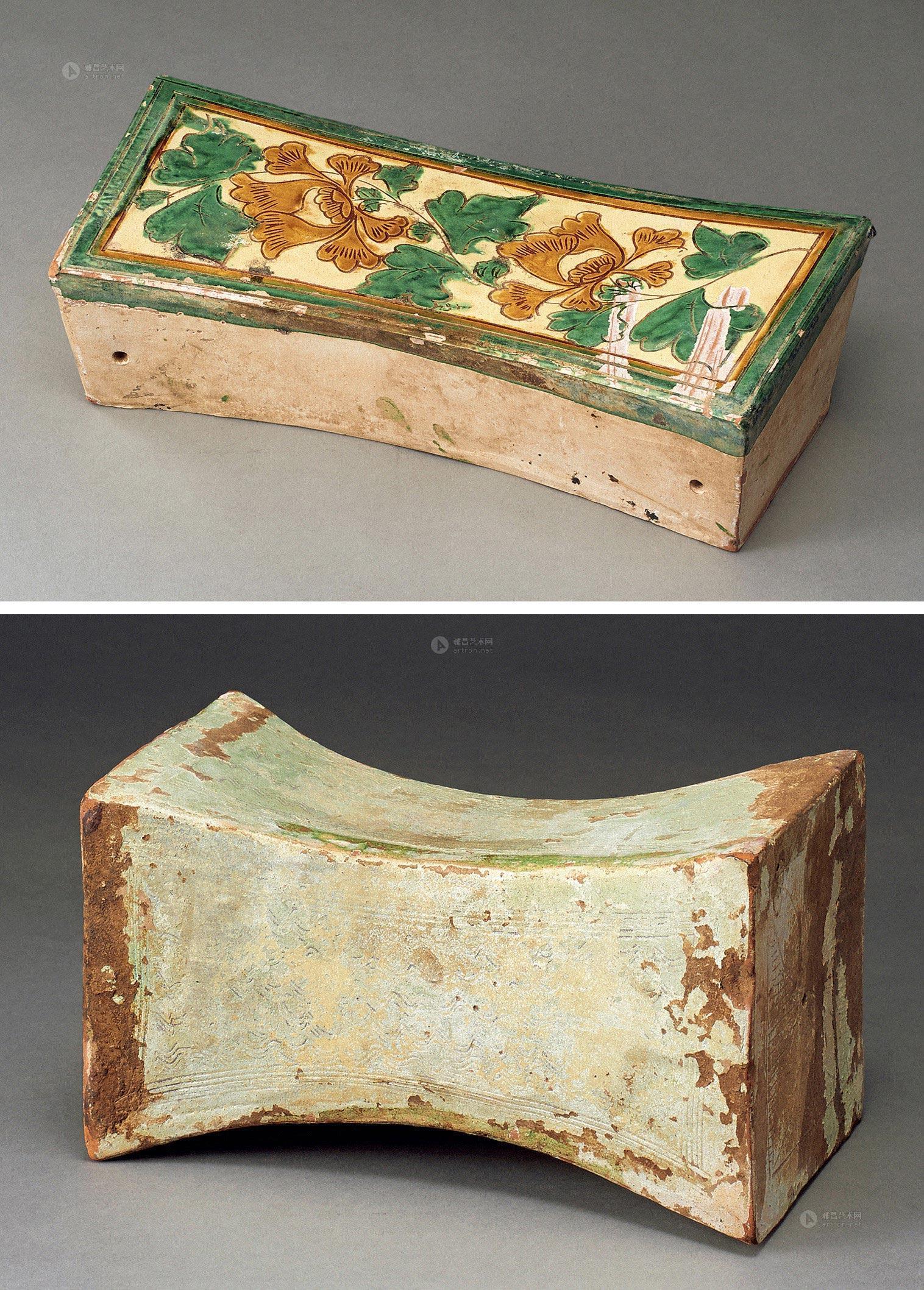三彩牡丹花卉枕 绿釉花纹枕】拍卖品_图片_价格_鉴赏_元代以前陶瓷