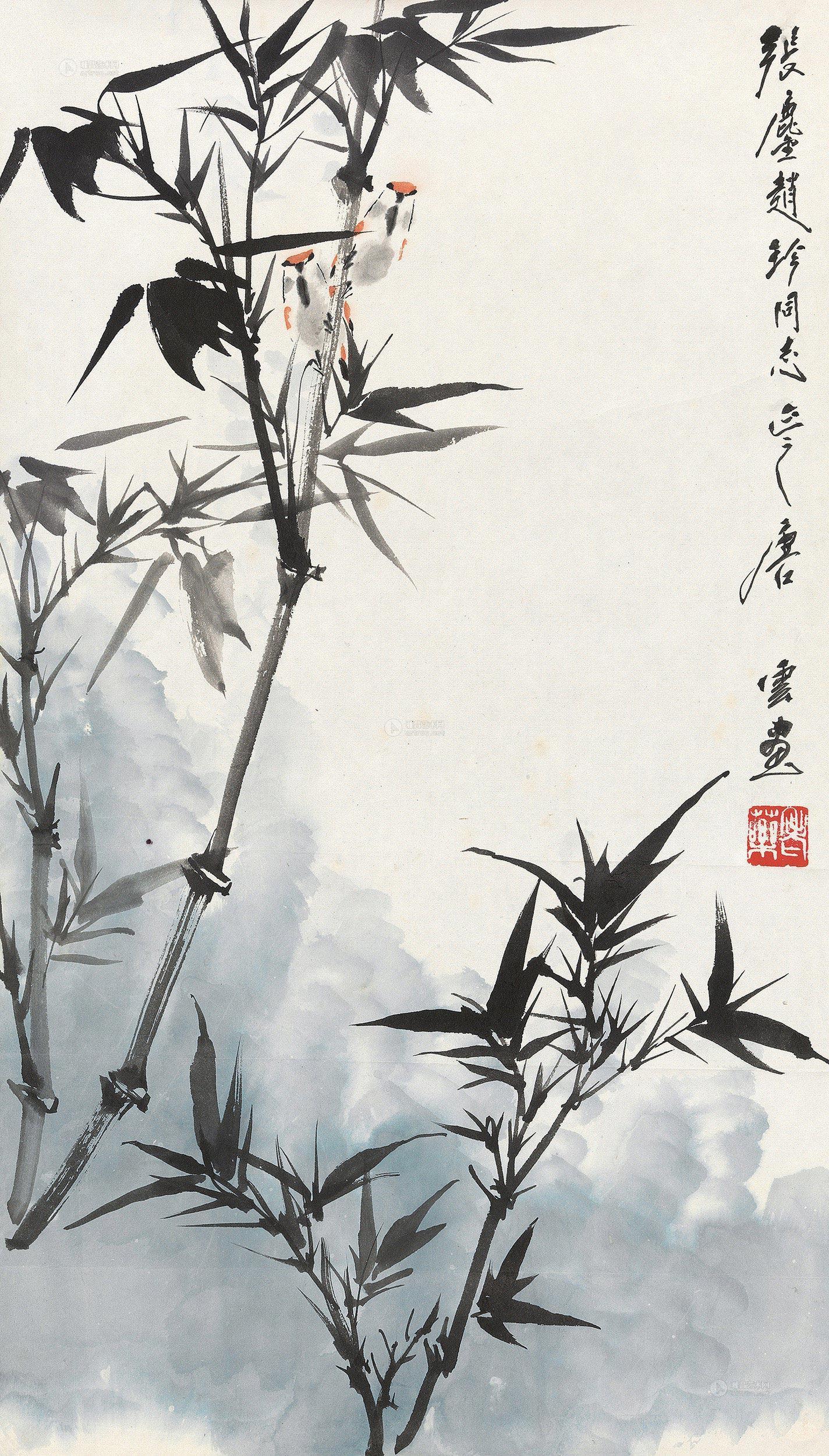 0726竹雀图镜心设色纸本