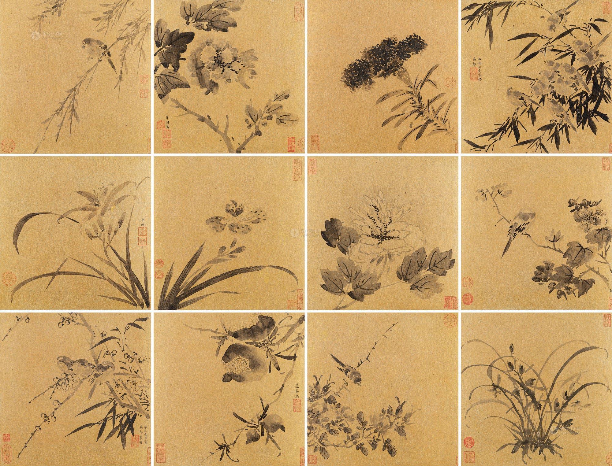 1528辛巳1641年作花鸟册册页十二开水墨金笺