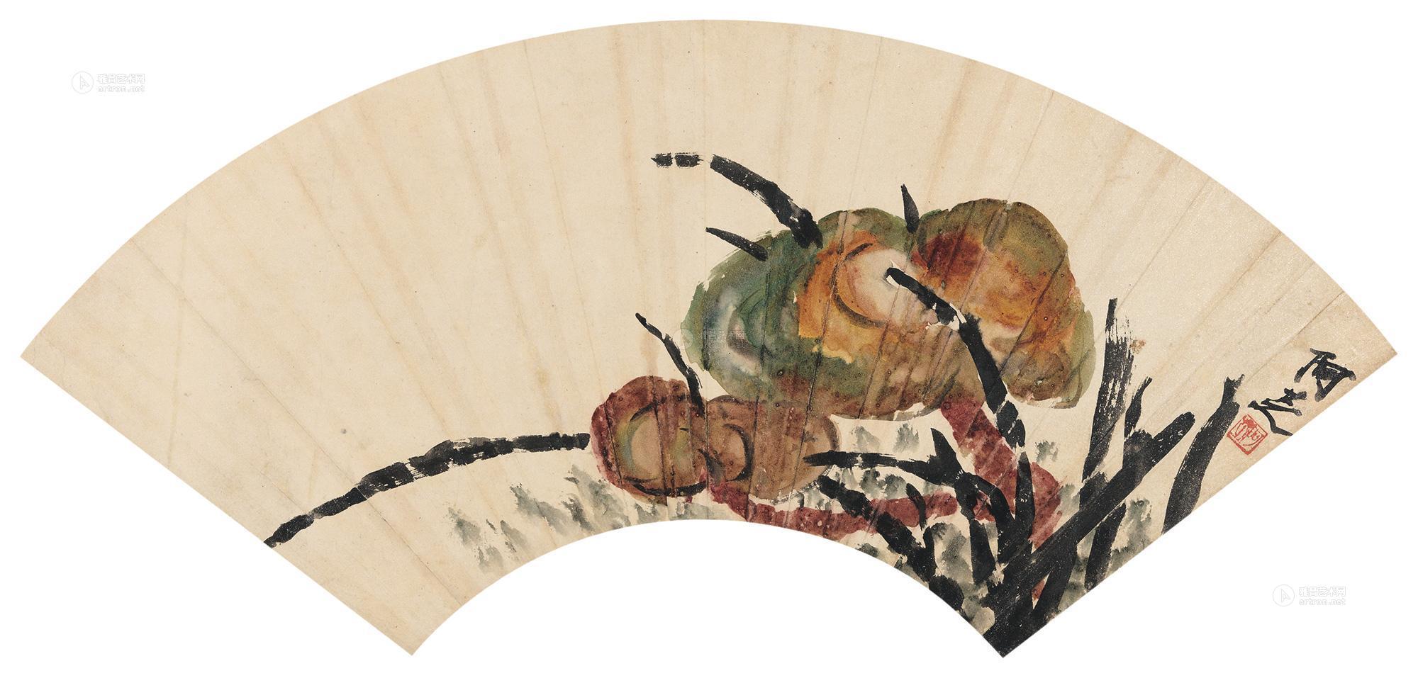 *0434 灵芝 扇面 设色纸本