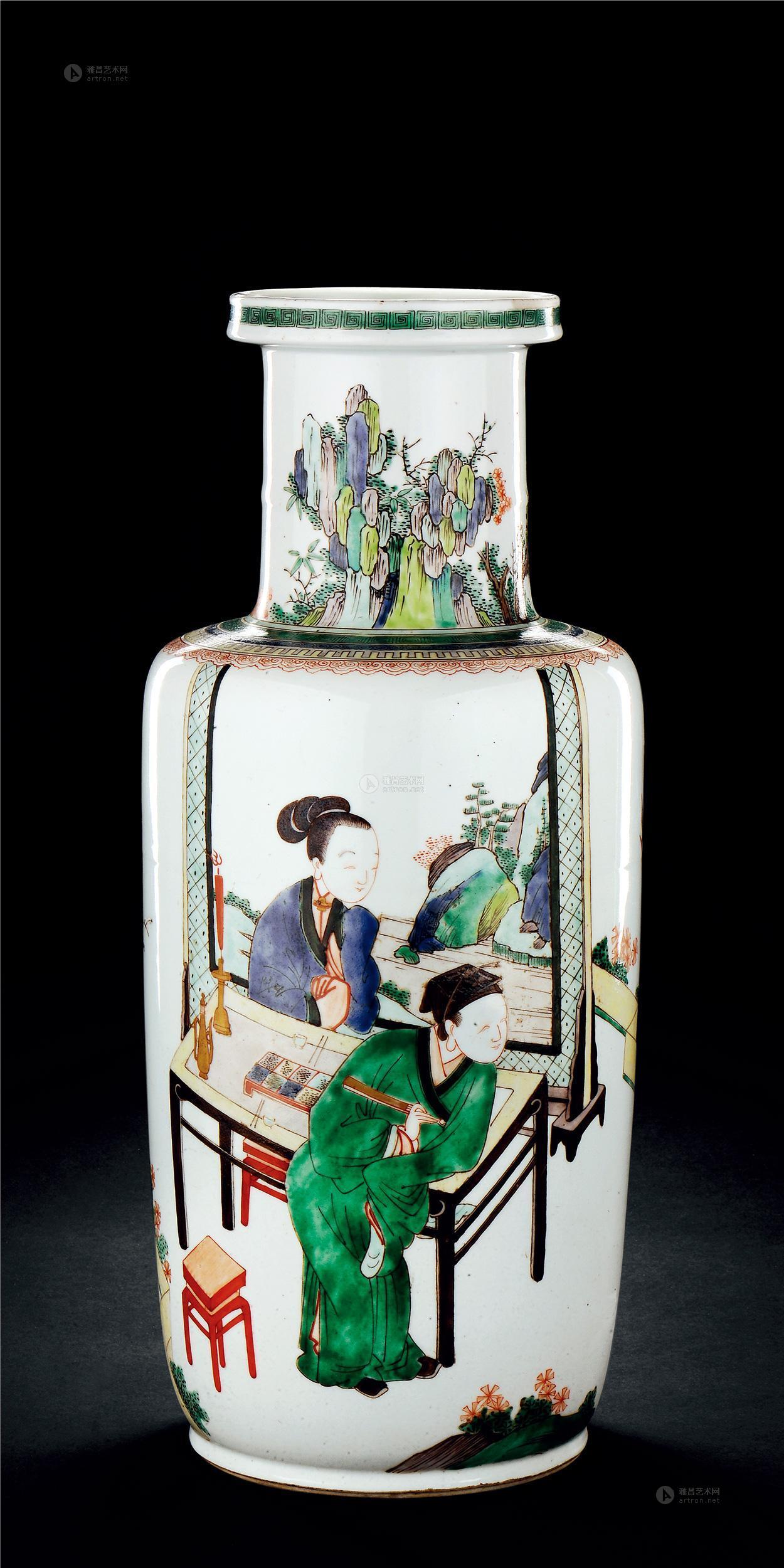 3222 清康熙 五彩人物故事图棒槌瓶