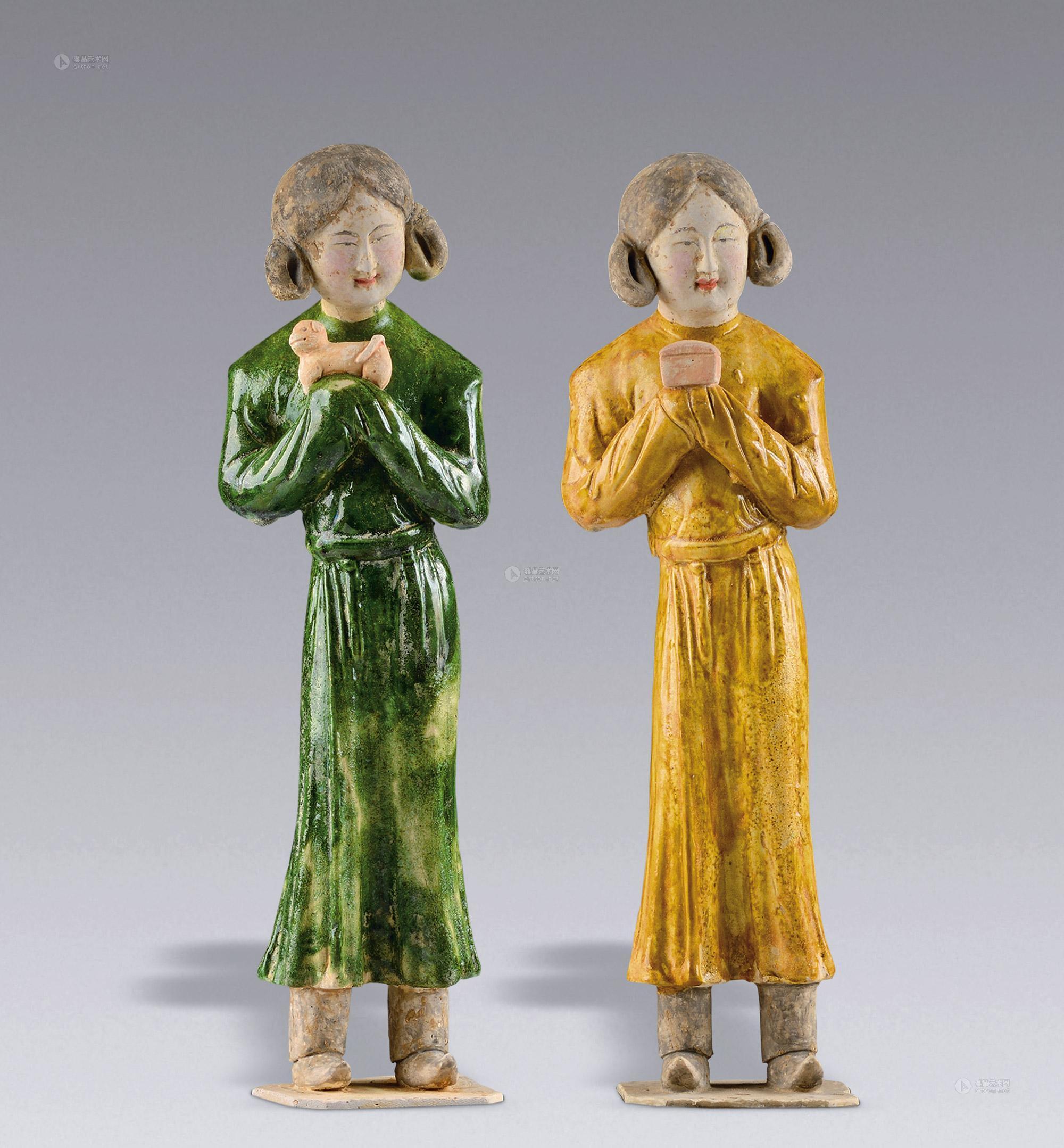 0015唐三彩捧狗捧粉盒女仕俑一对