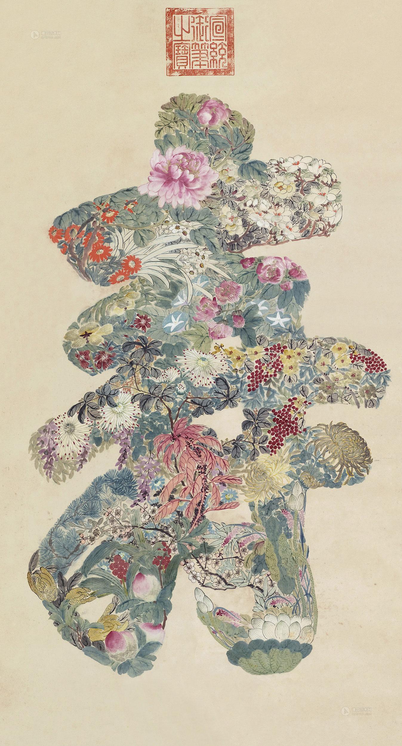 【花卉寿字 镜片 设色纸本】拍卖品_图片_价格_鉴赏_绘画_雅昌艺术品