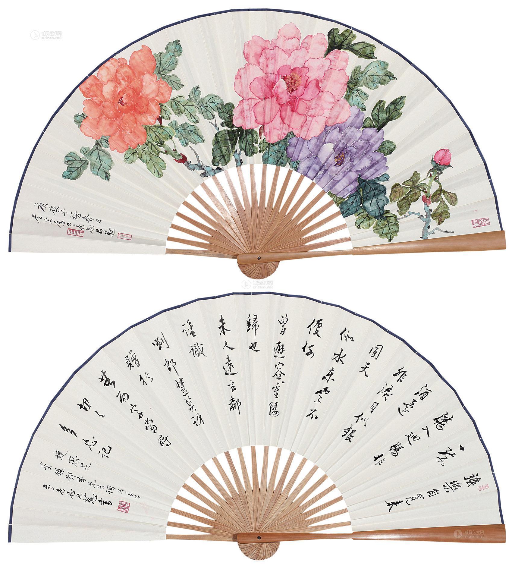 0109牡丹书法成扇设色纸本