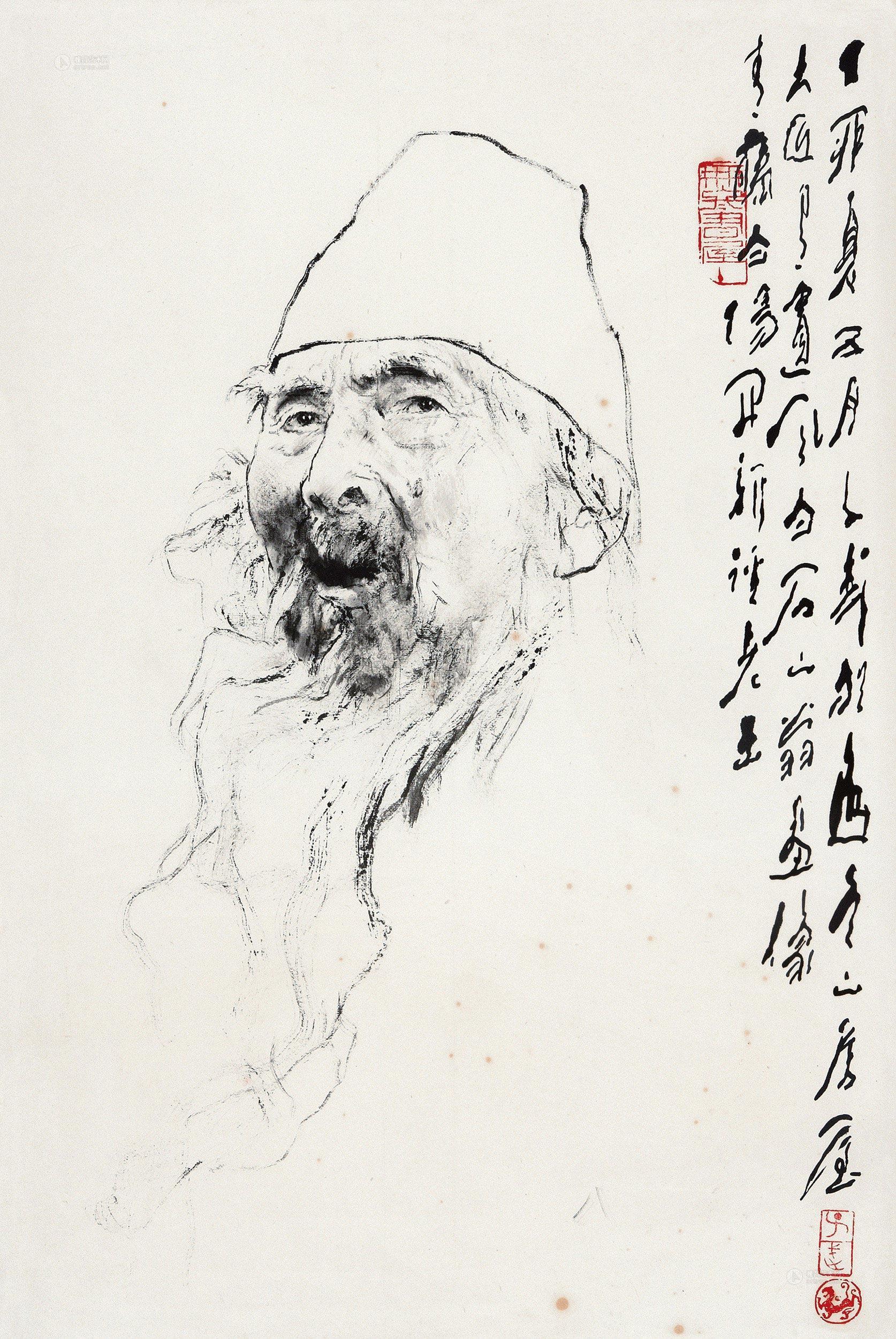 0082白石老人像镜片水墨纸本