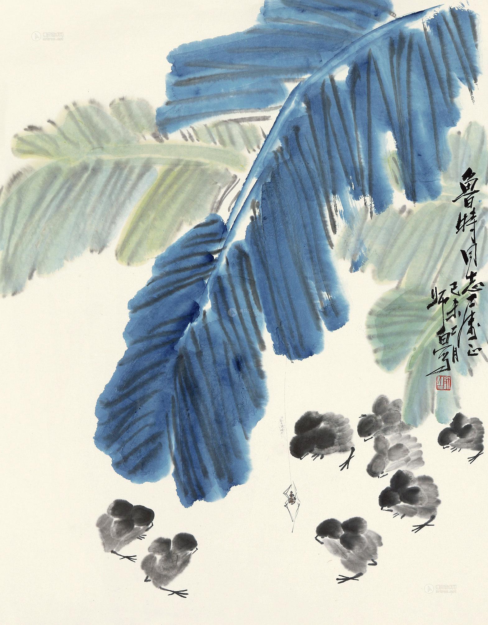 0805 芭蕉雏鸡 镜片 设色纸本