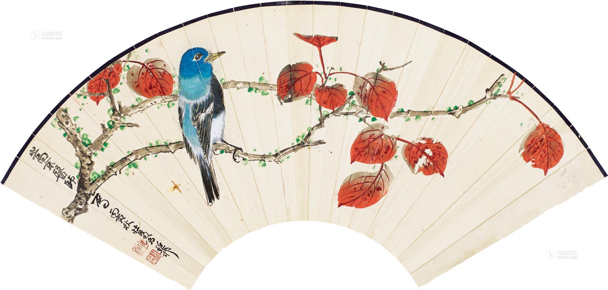00171986年作红叶小鸟扇面设色纸本