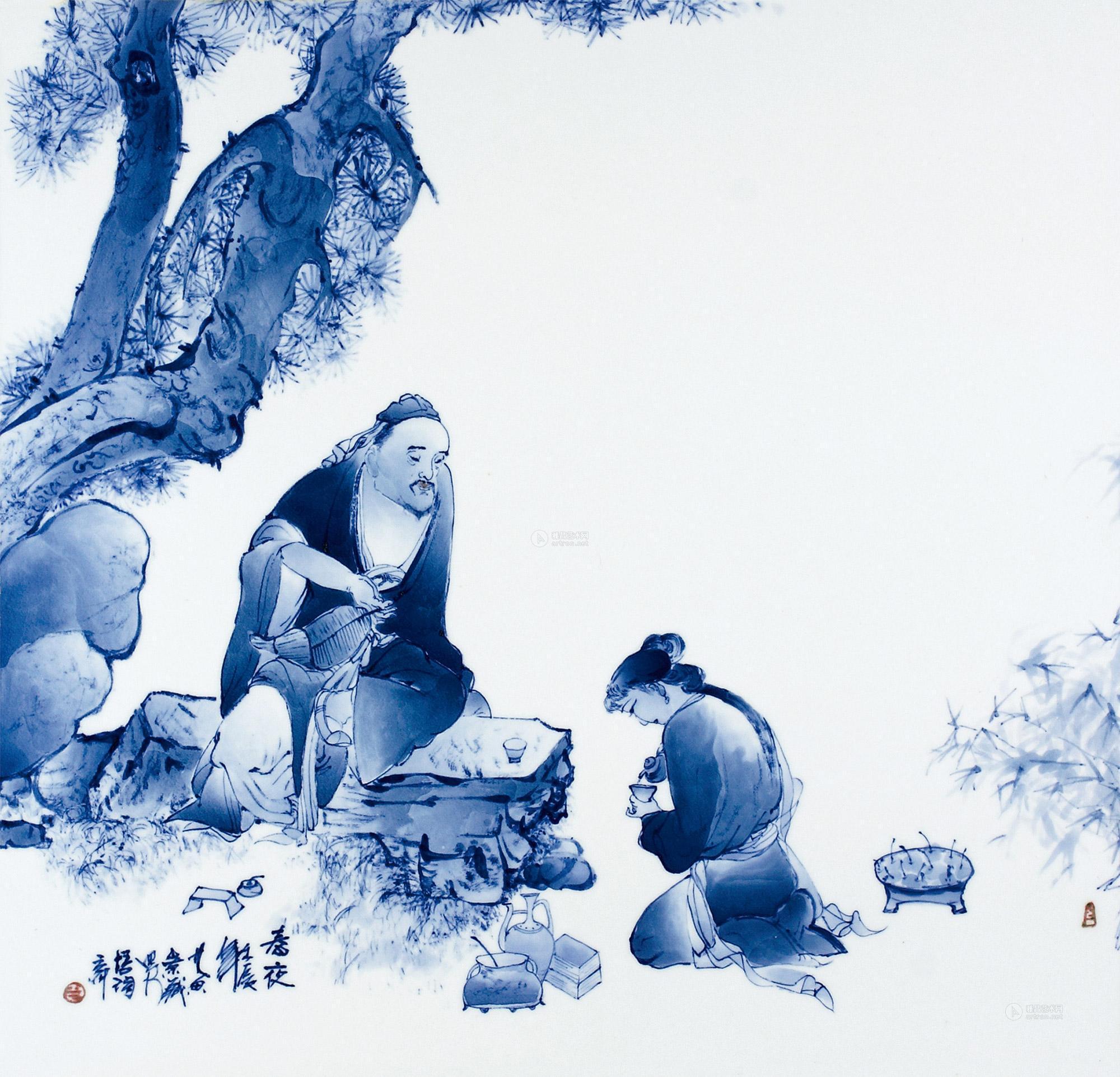 0041黄景藏春夜青花分水瓷板