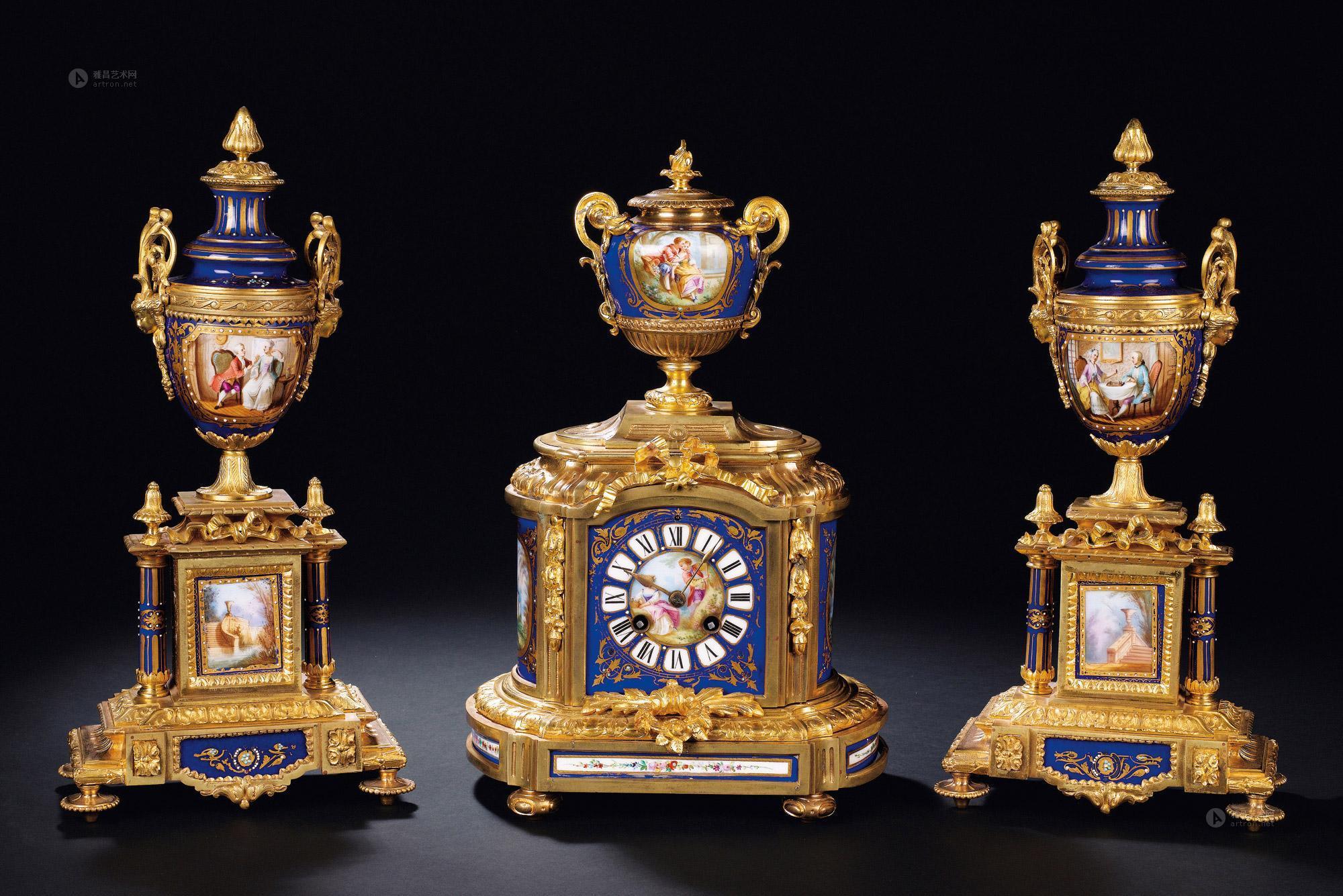 117219世纪法国塞弗勒瓷珐琅铜鎏金钟三件套