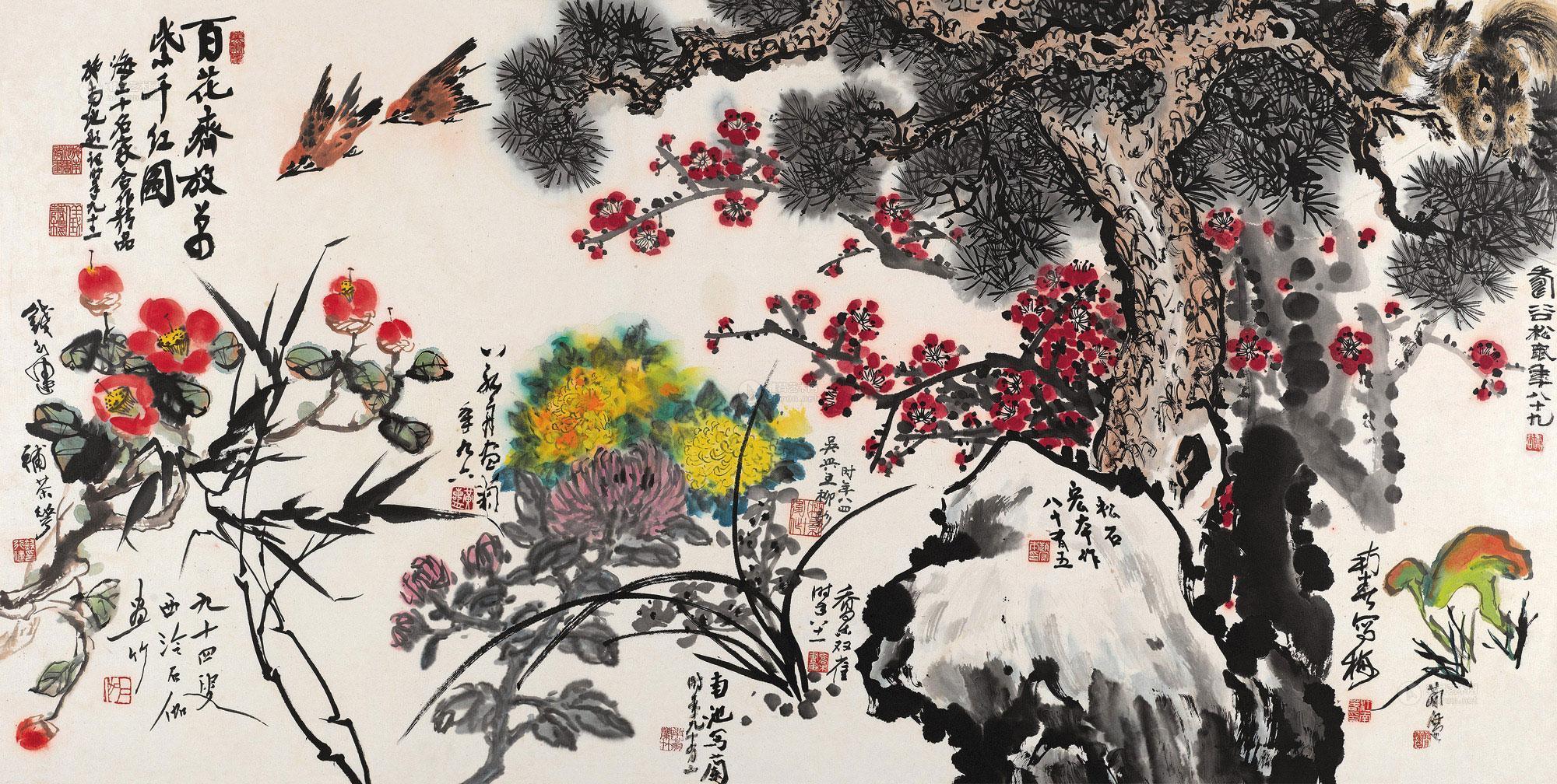 【百花齐放 镜心 设色纸本】拍卖品_图片_价格_鉴赏_绘画_雅昌艺术品