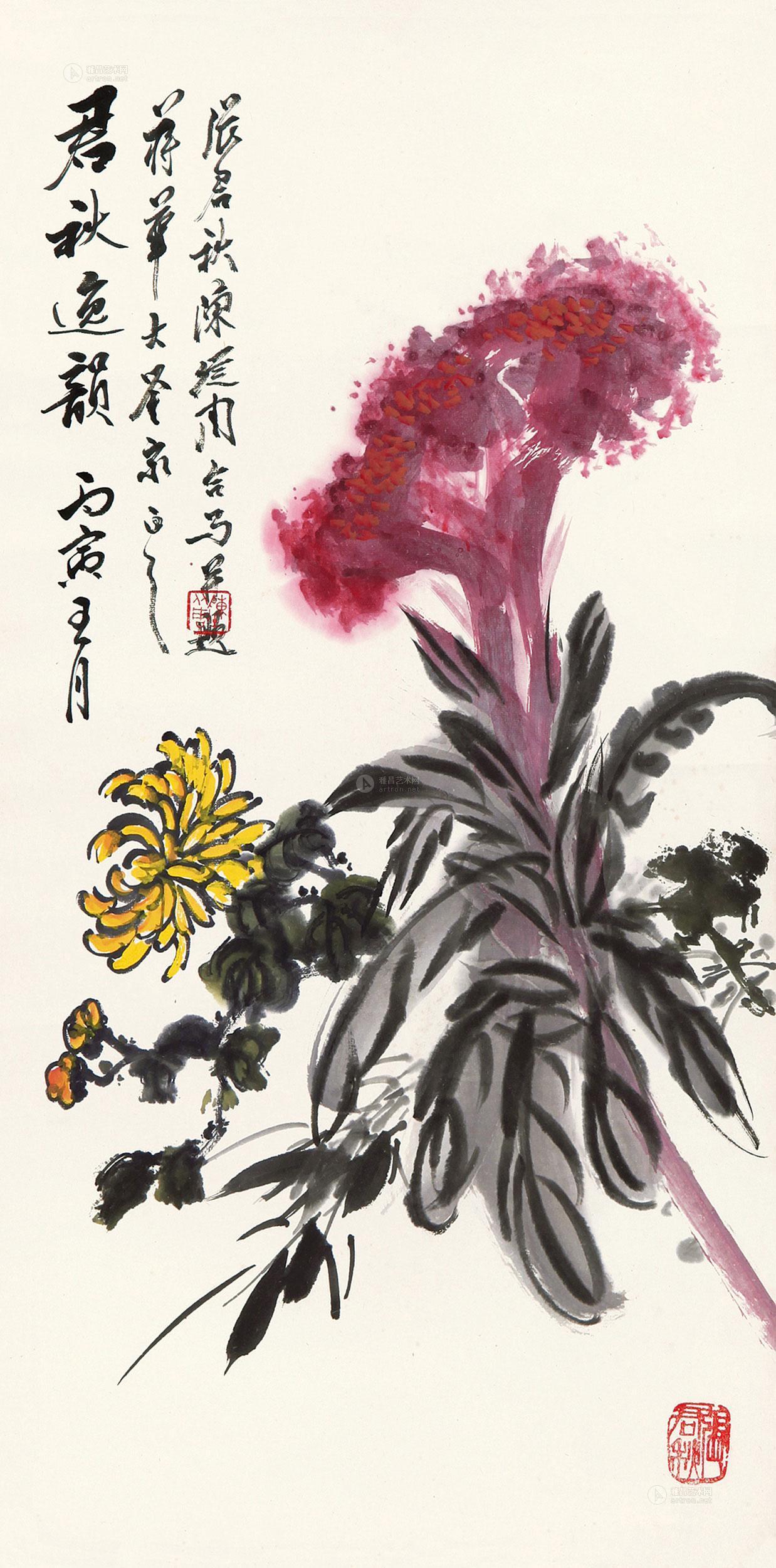 0224鸡冠花一件立轴纸本