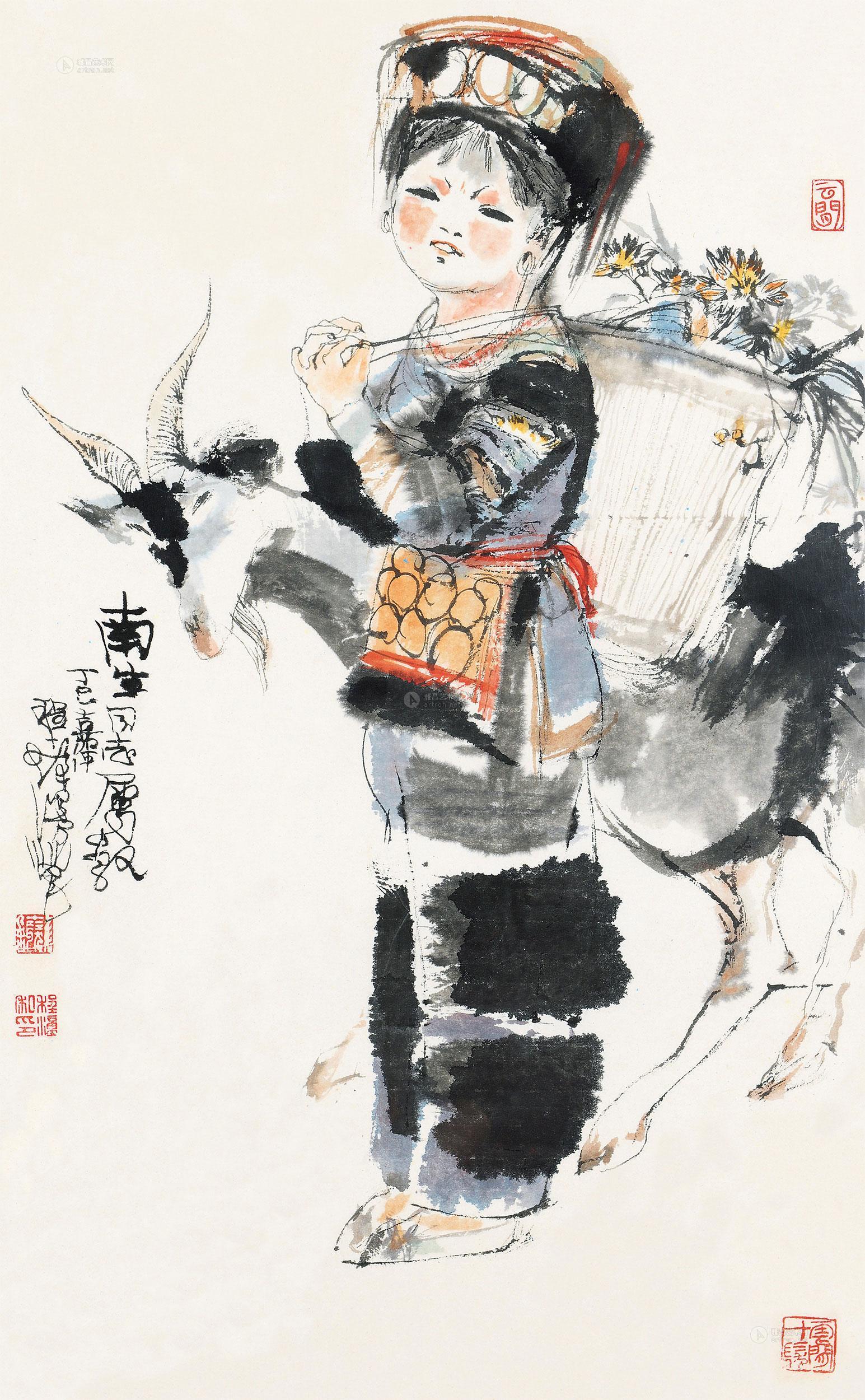 0041 丁巳(1977)年作 采花姑娘 镜框 设色纸本