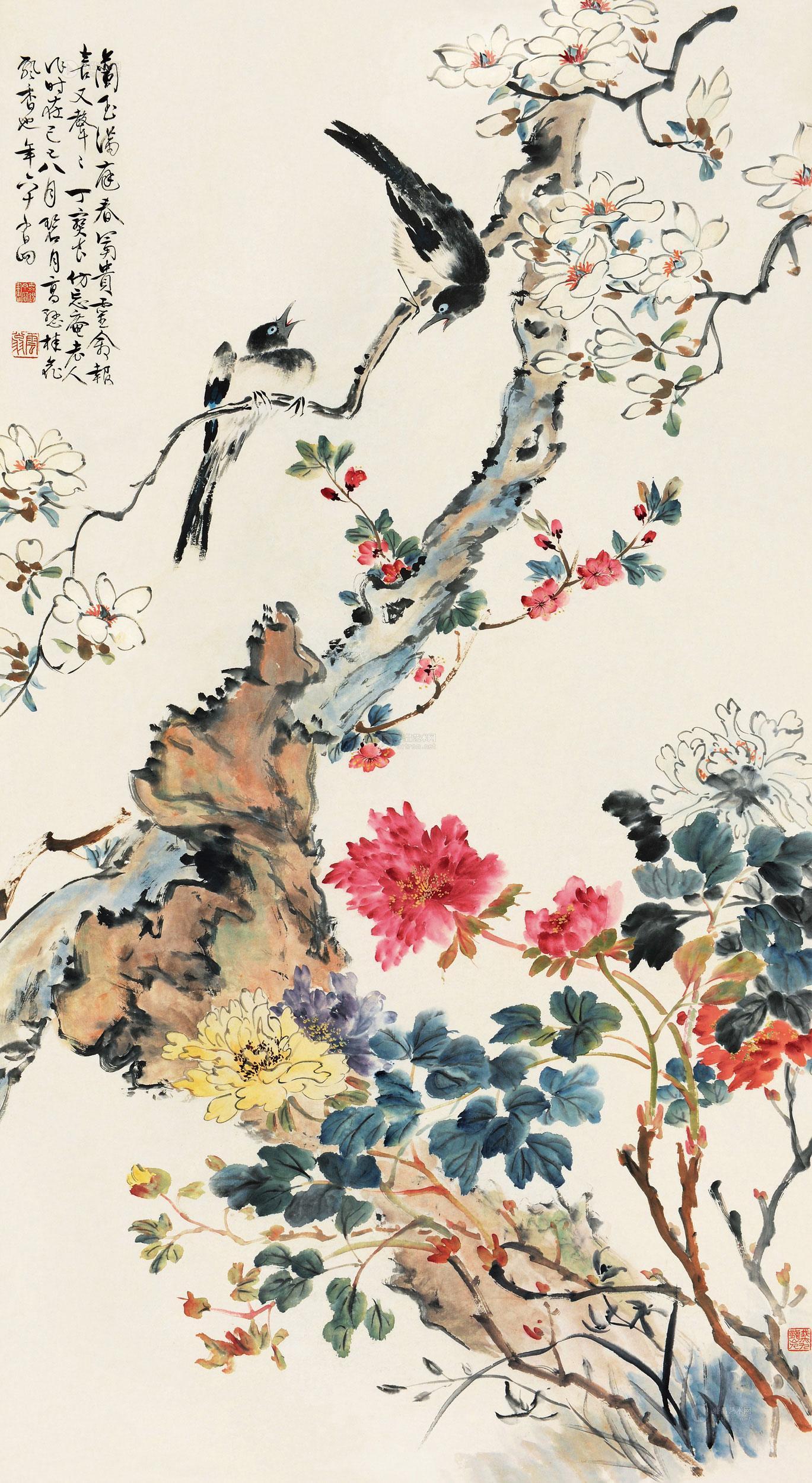 0208己巳1929年作玉堂双喜立轴设色纸本