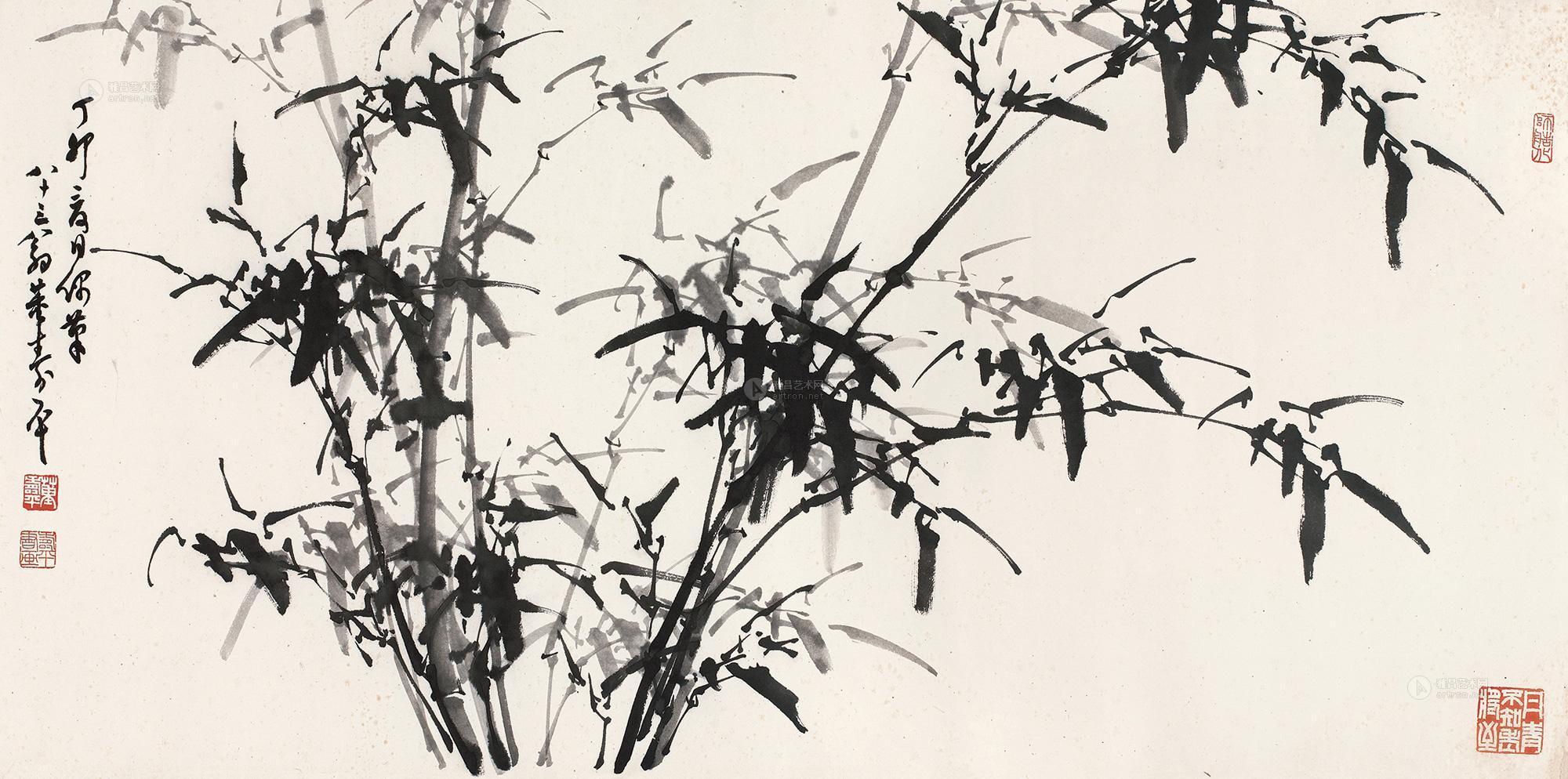 0231 丁卯(1987)年作 风竹图 镜片 水墨纸本