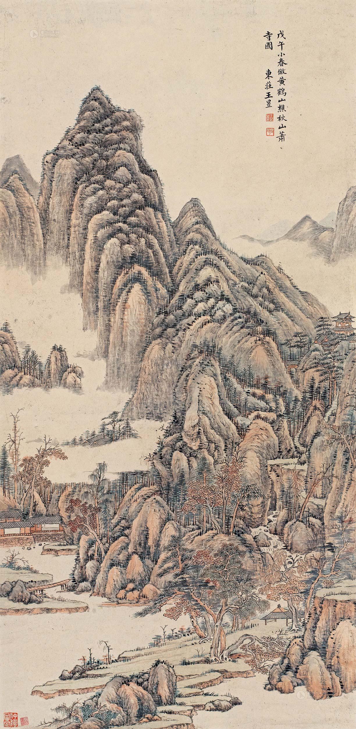 0422戊午1738年作秋山萧寺立轴设色纸本