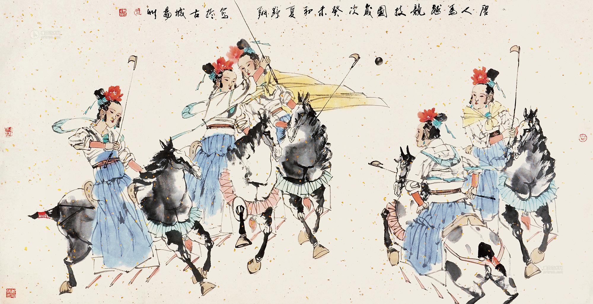 0567唐人马球竞技图镜心设色纸本