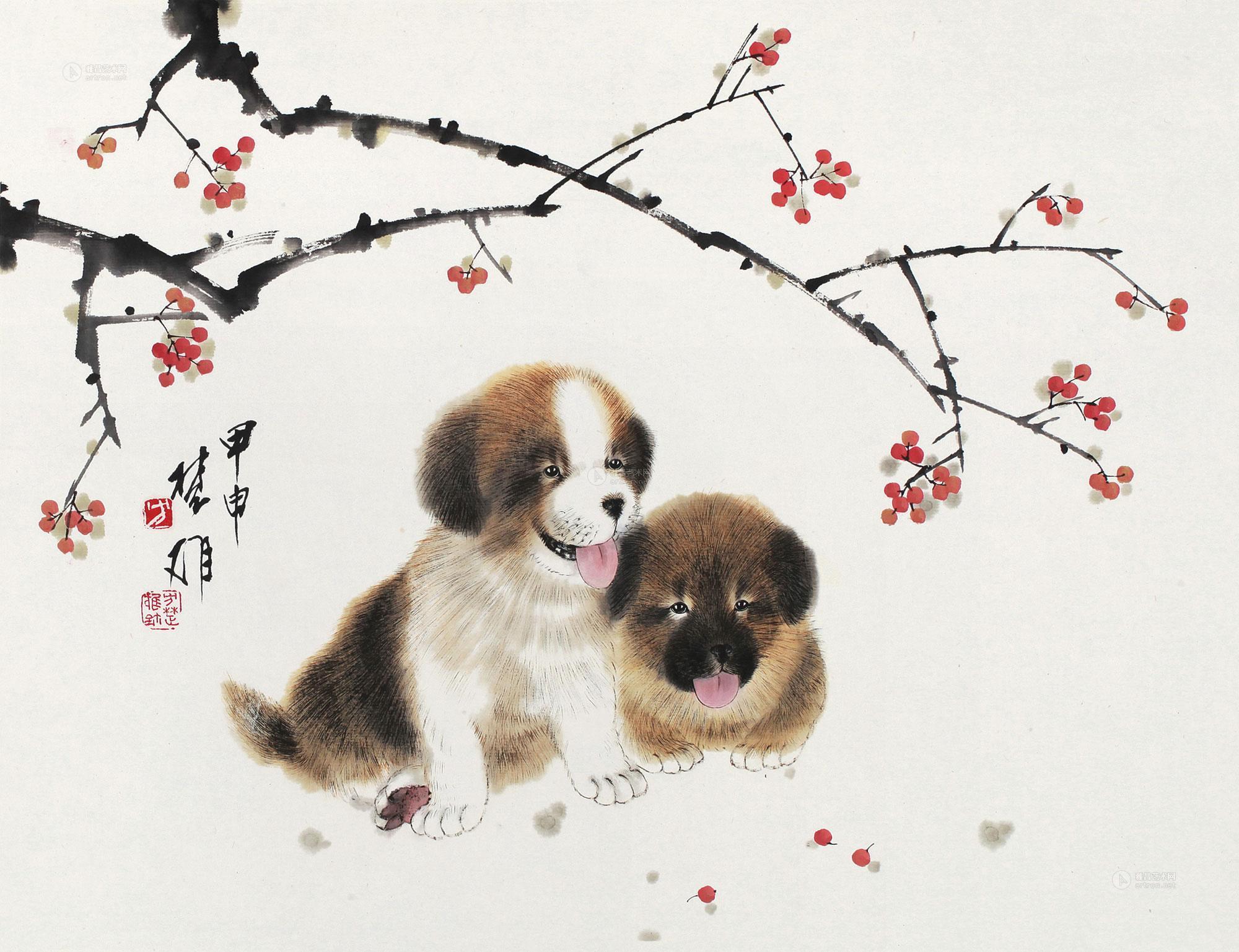 【甲申(2004年)作 双犬 镜片 设色纸本】拍卖品_图片_价格_鉴赏_绘画