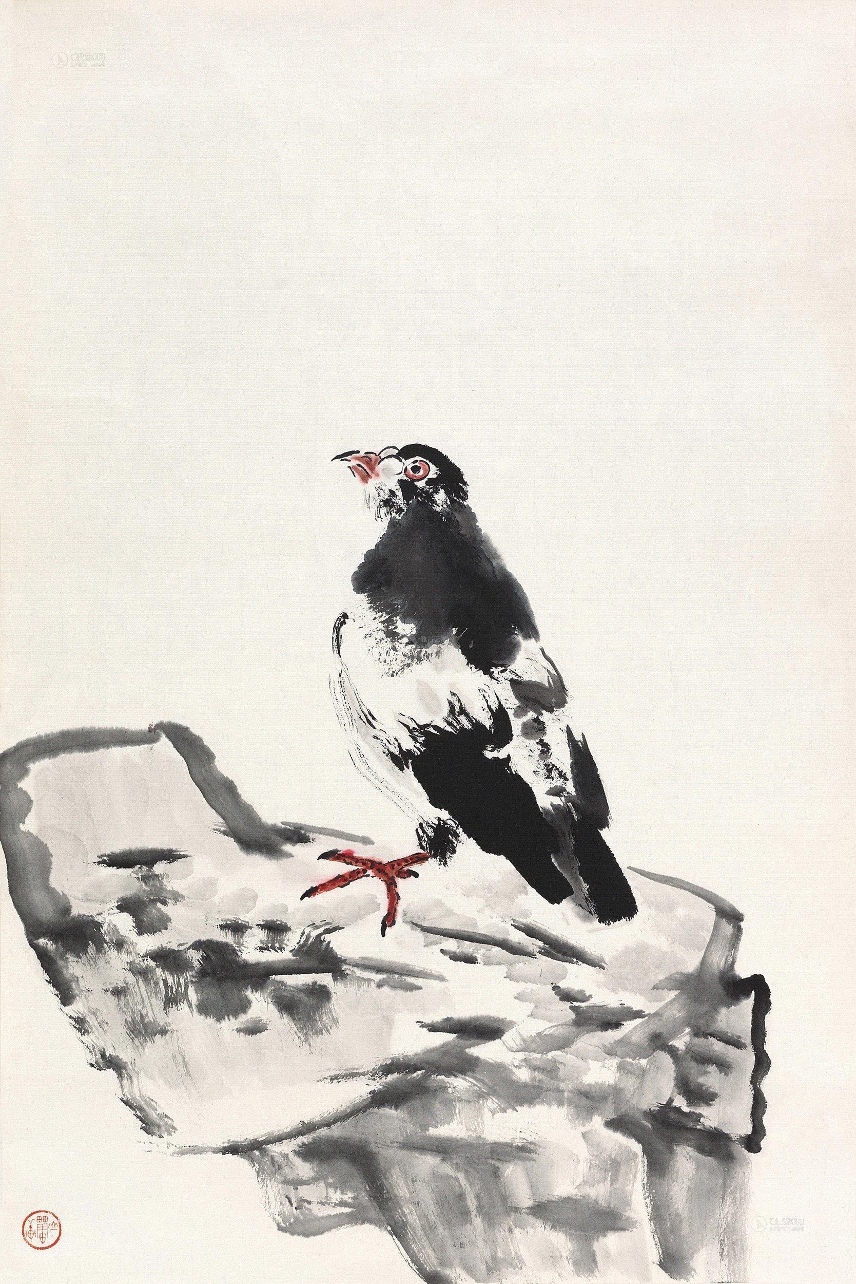 0524石头小鸟镜心设色纸本