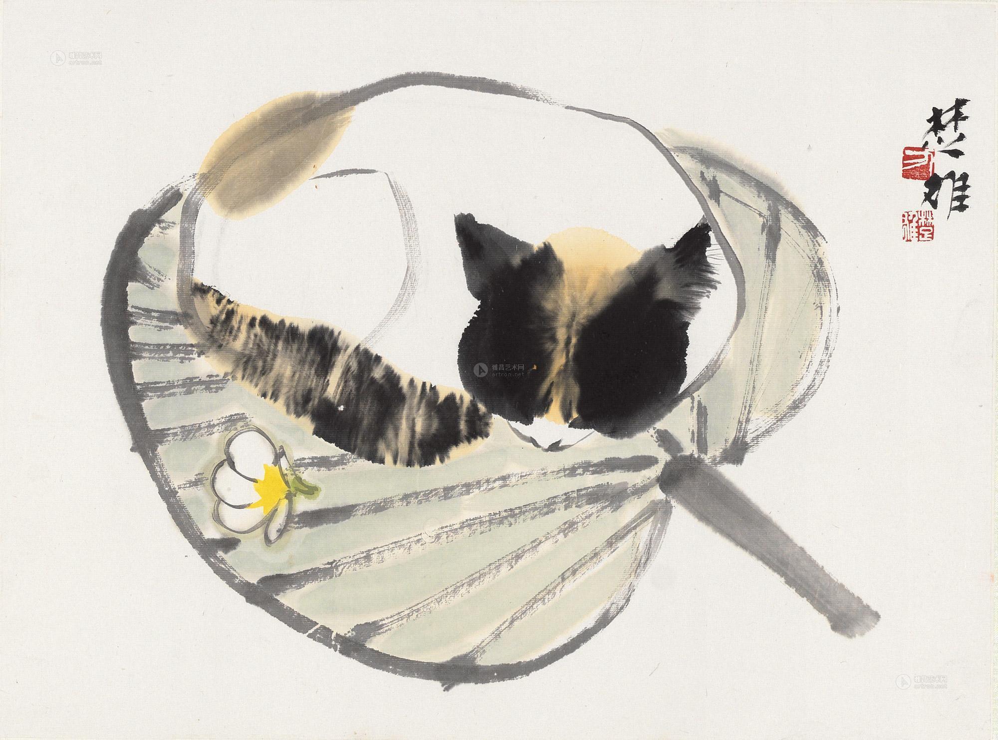 0354蒲扇小猫镜片设色纸本
