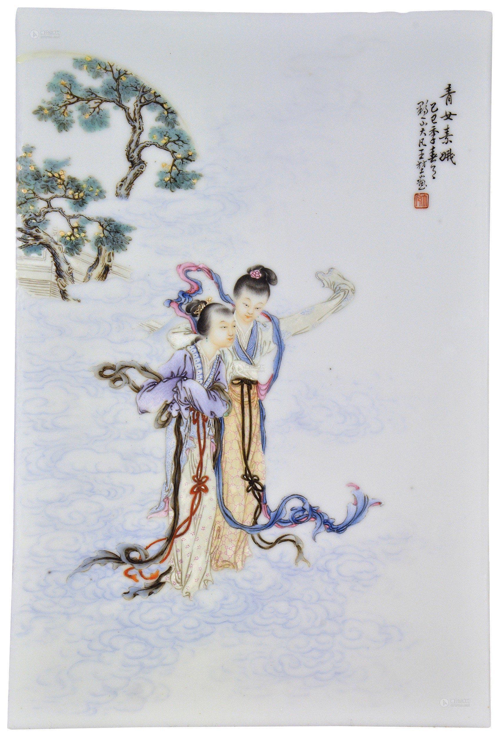 0173 民国 "王大凡""款粉彩"青女素娥"图瓷板