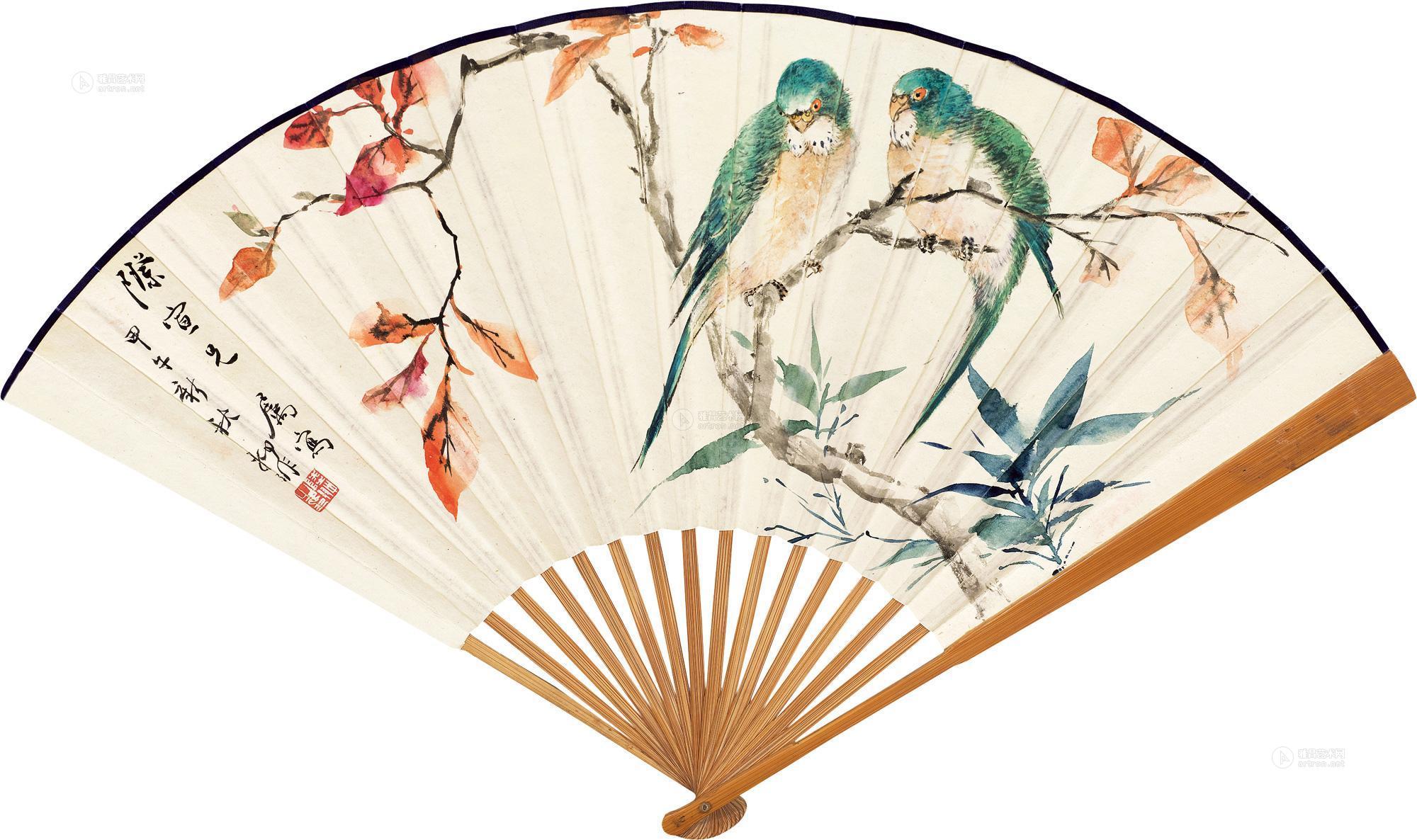01671954年作红叶鹦鹉成扇设色纸本