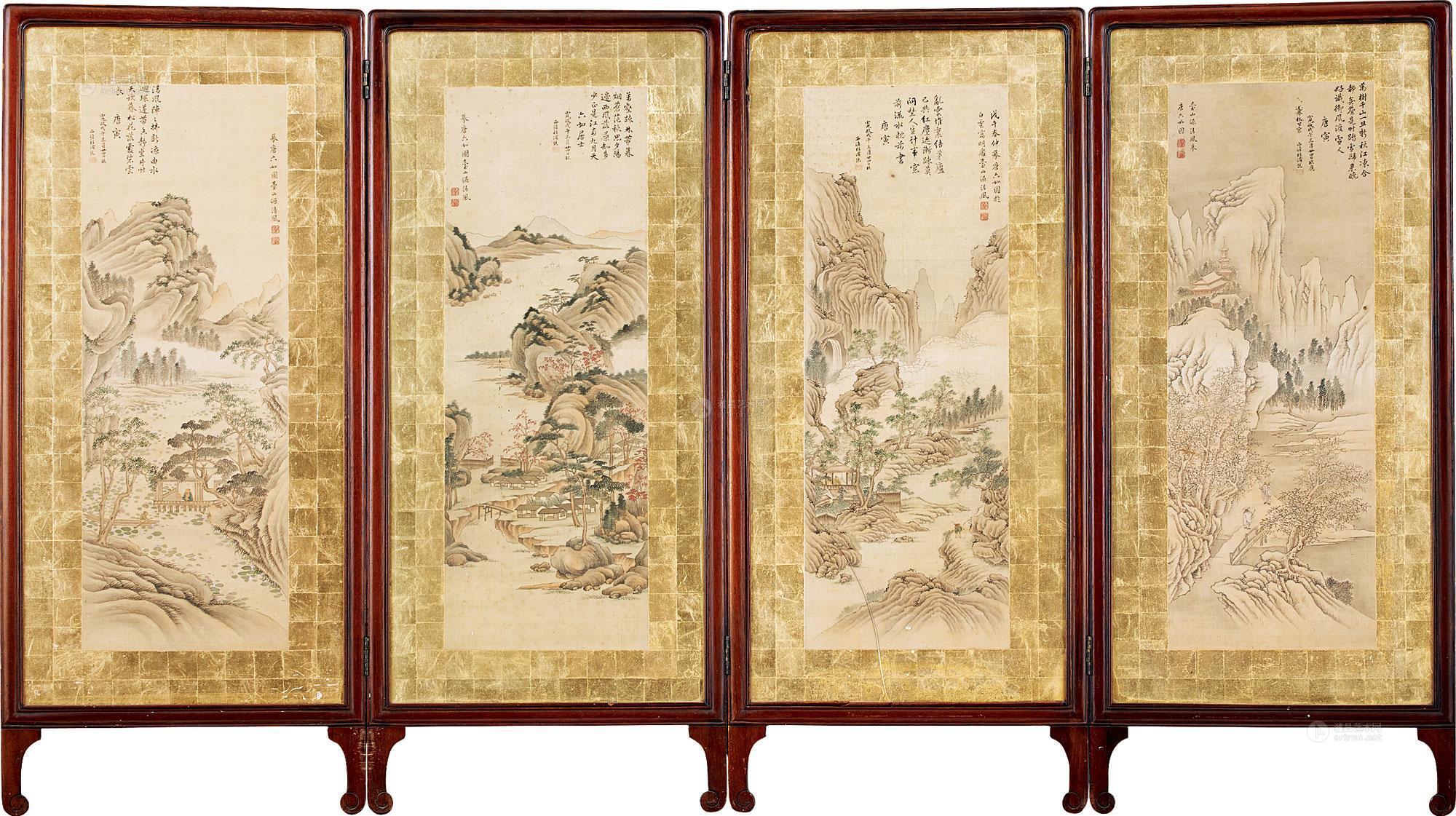 1864临唐寅山水屏风四屏设色纸本