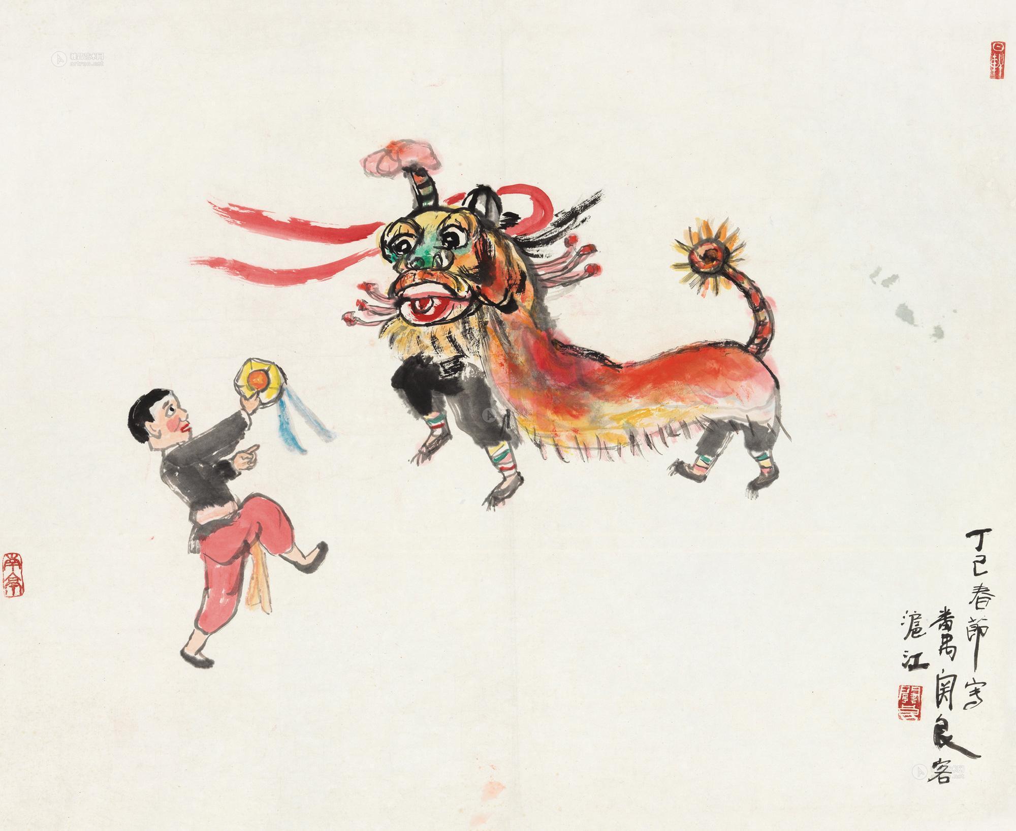 1309 丁巳(1977年)作 舞狮图 立轴 设色纸本
