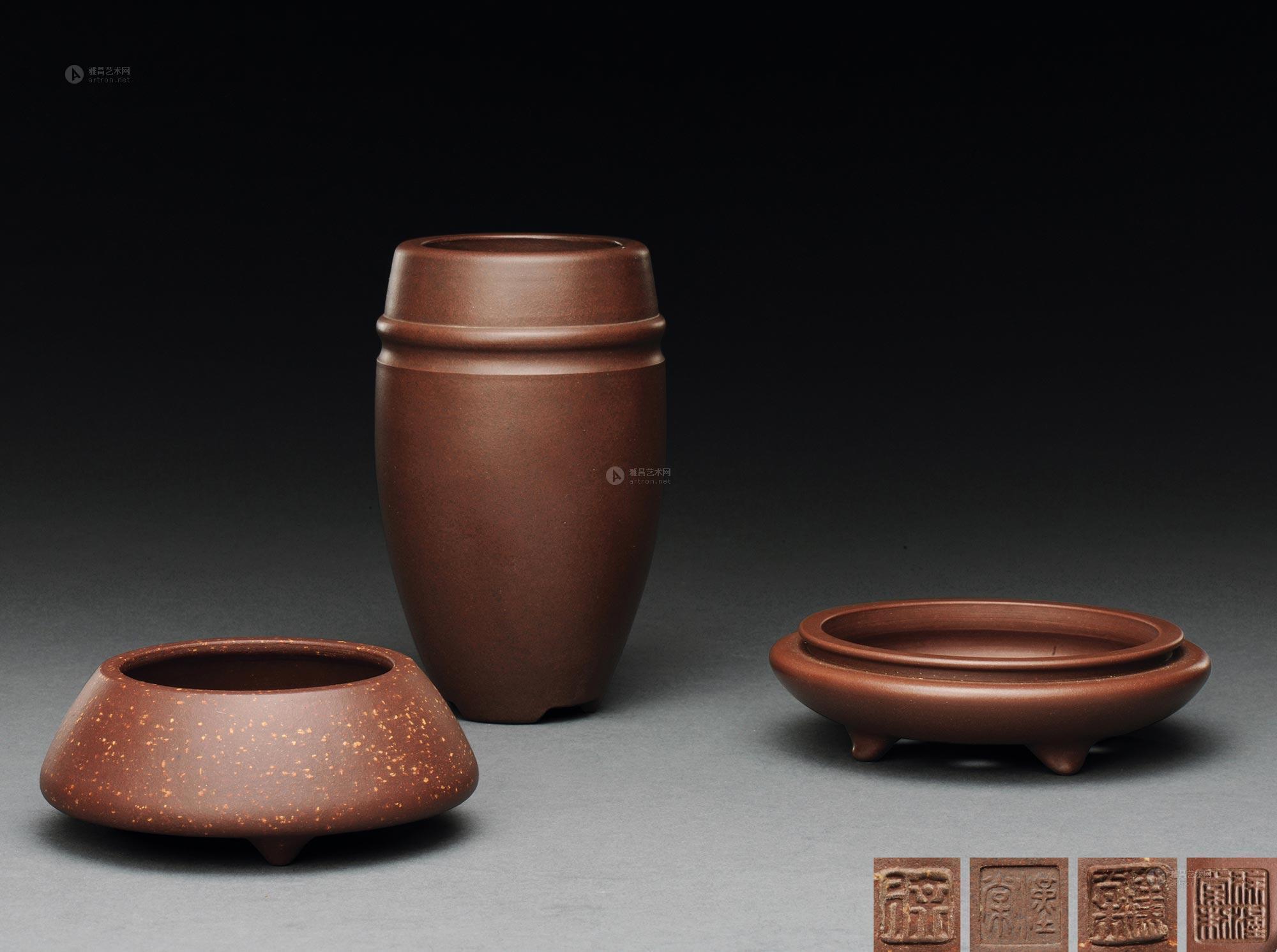 【当代 徐汉棠制紫泥小花盆 (三件)】拍卖品_图片_价格_鉴赏_紫砂