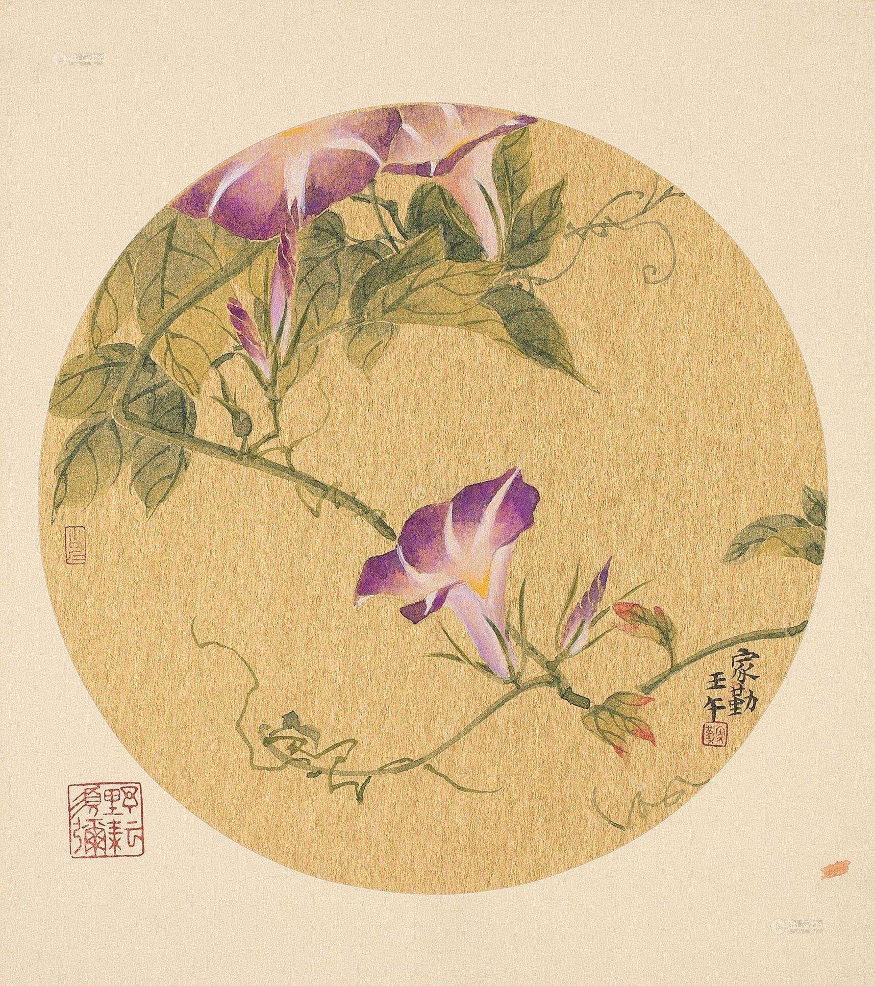 0002 2002年作 牵牛花 团扇镜框 设色金笺