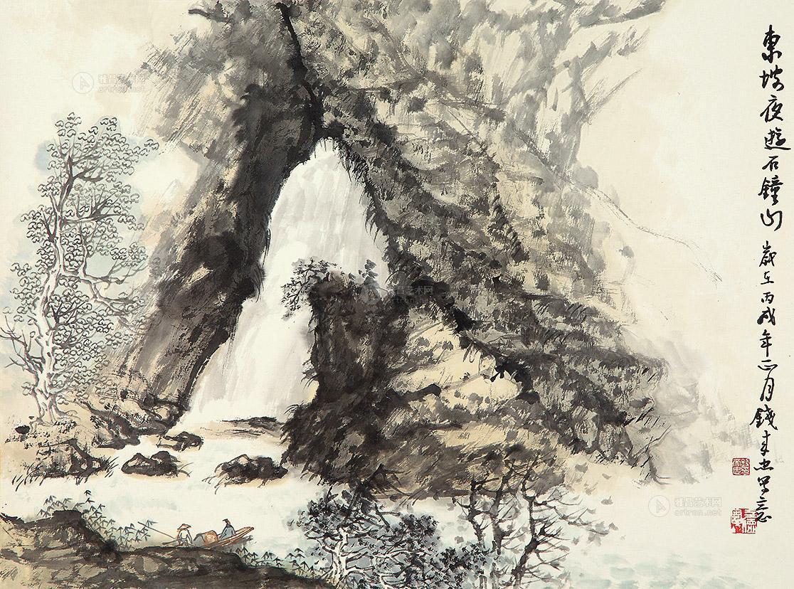 0273 东坡夜游石钟山 镜片 设色纸本