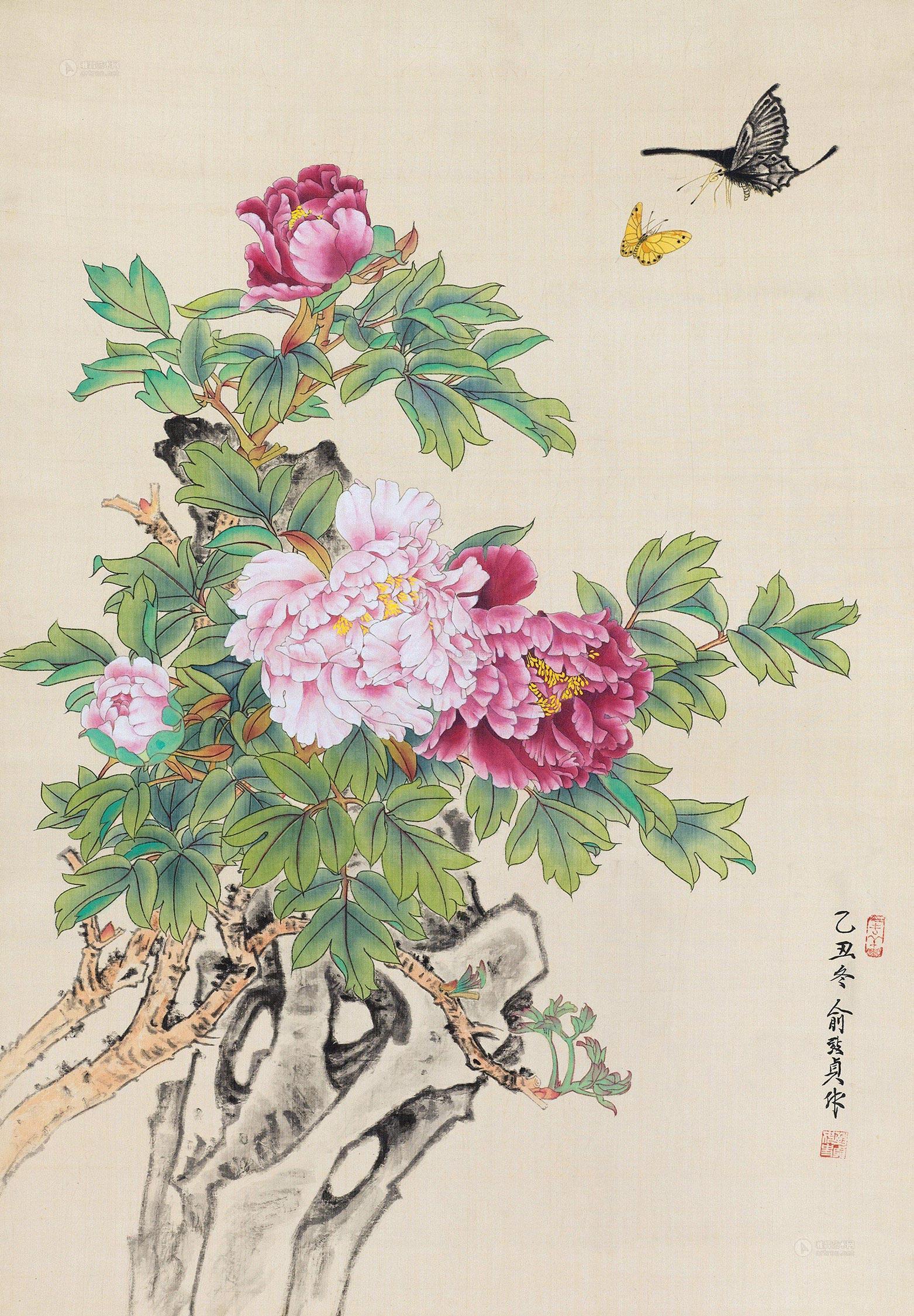 0331乙丑1985年作富贵双蝶镜片设色绢本