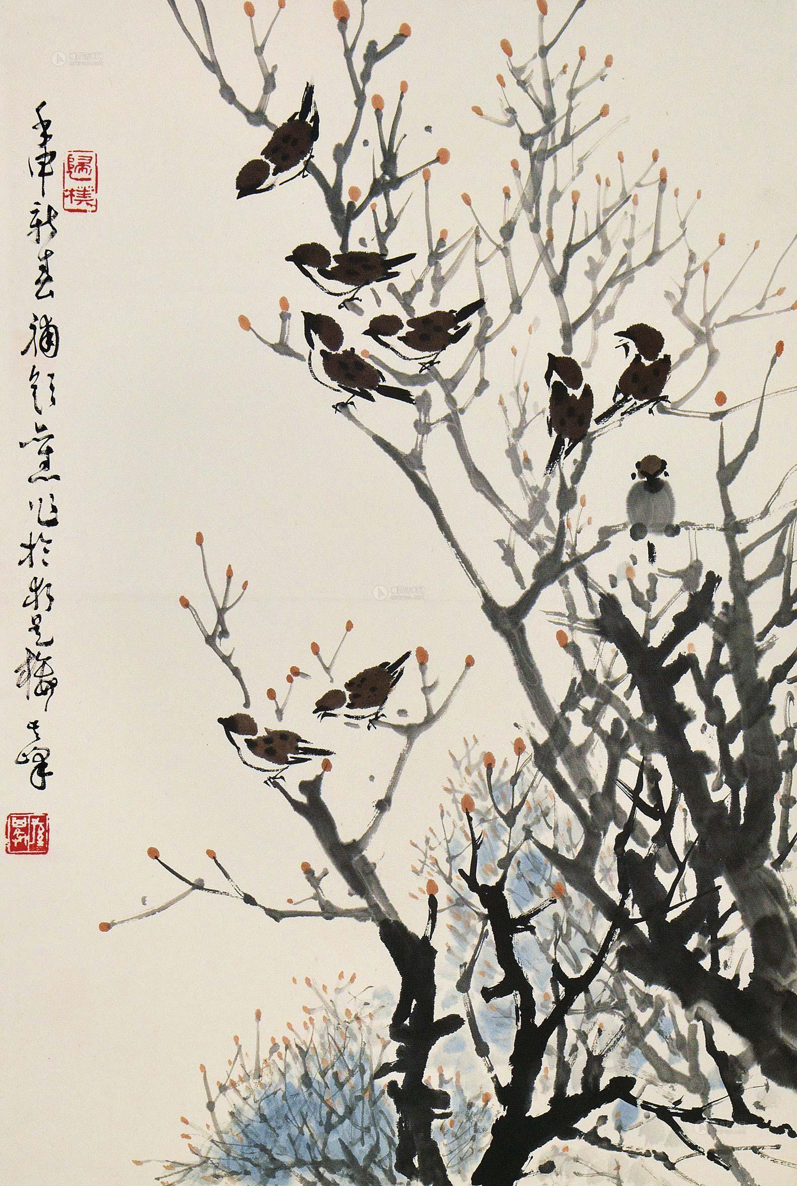 0262麻雀镜片设色纸本