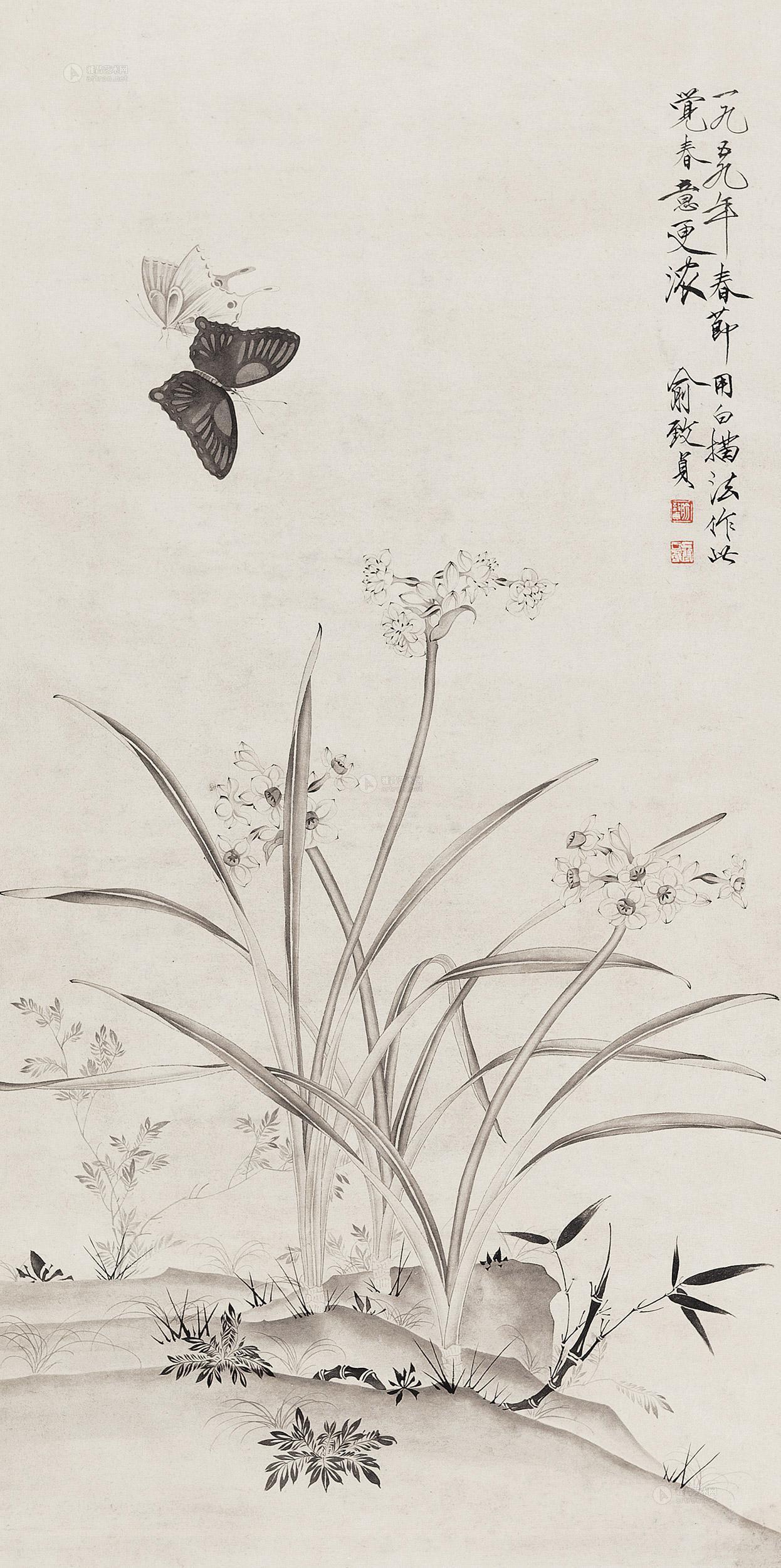 03011959年作白描蝴蝶立轴水墨纸本