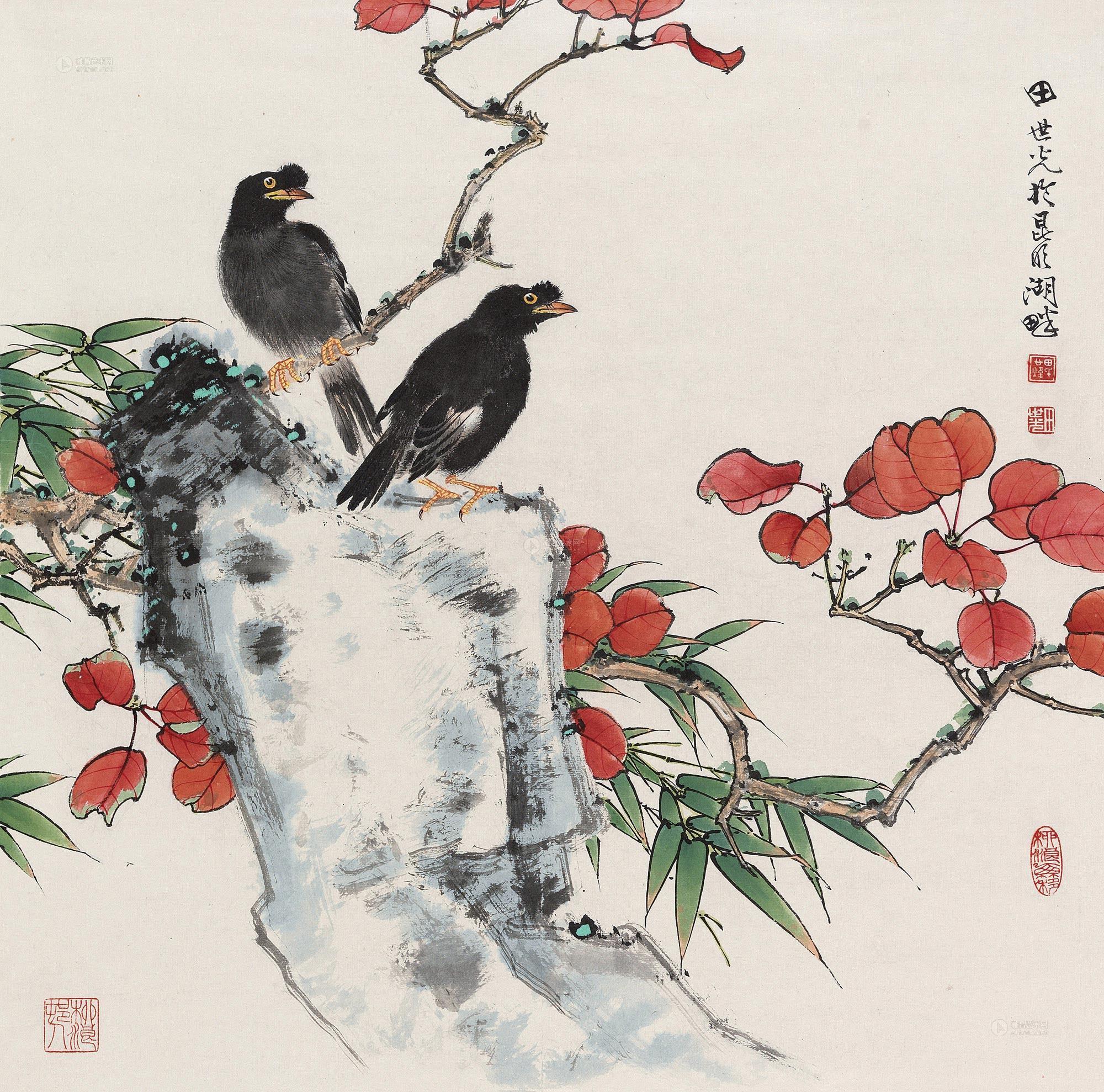 0302红叶双鸟镜心设色纸本