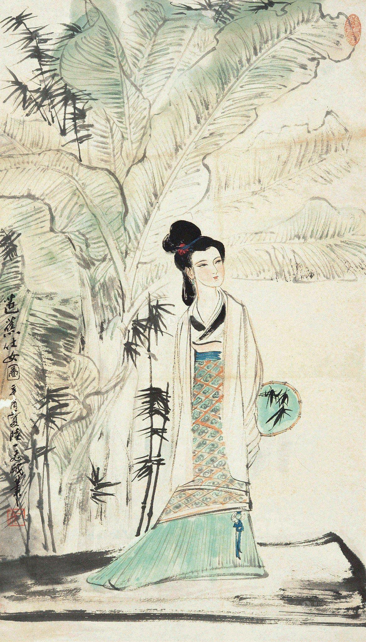 0743 芭蕉仕女图 立轴 设色纸本