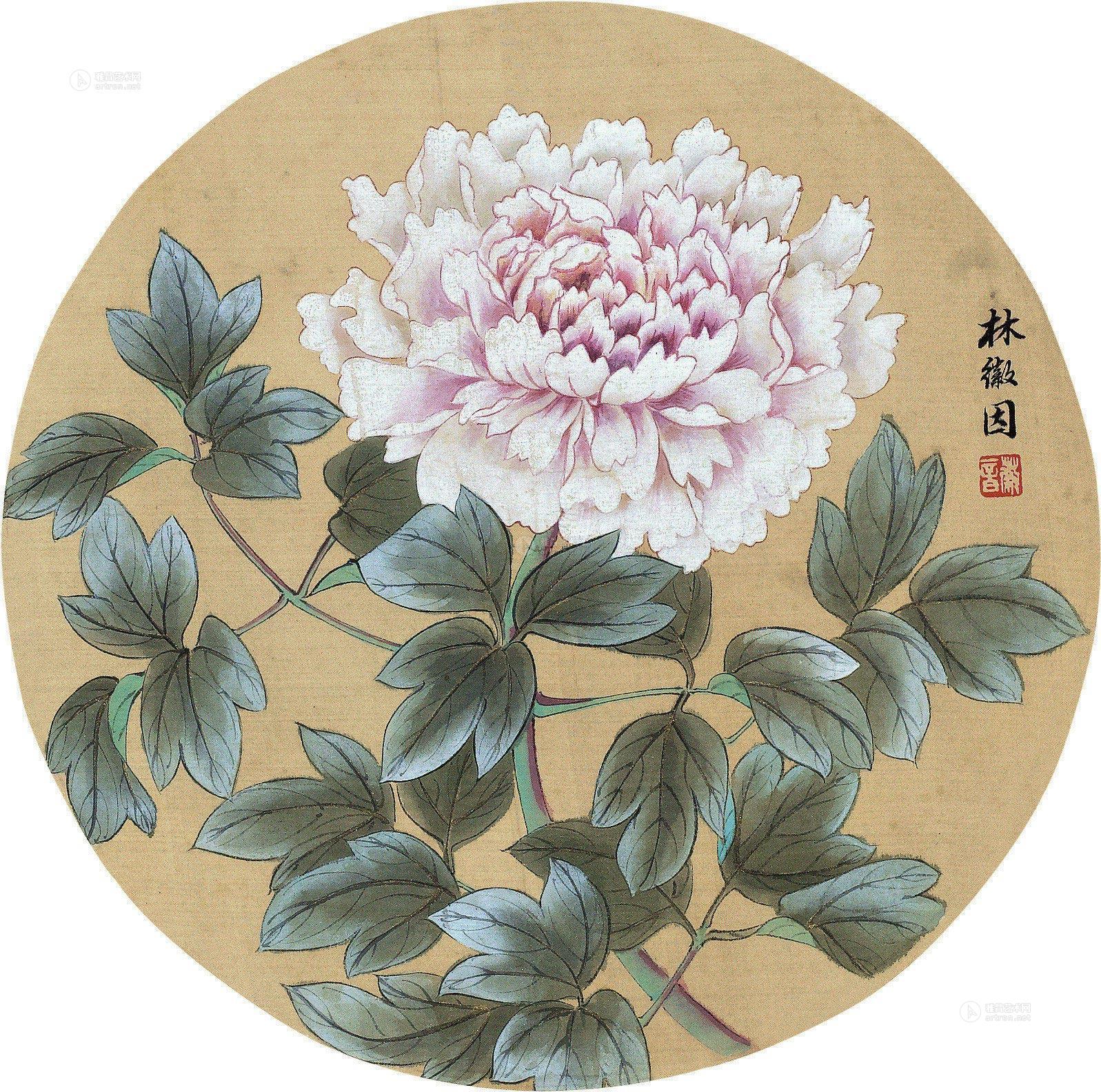 0138 牡丹 立轴(团扇) 设色绢本