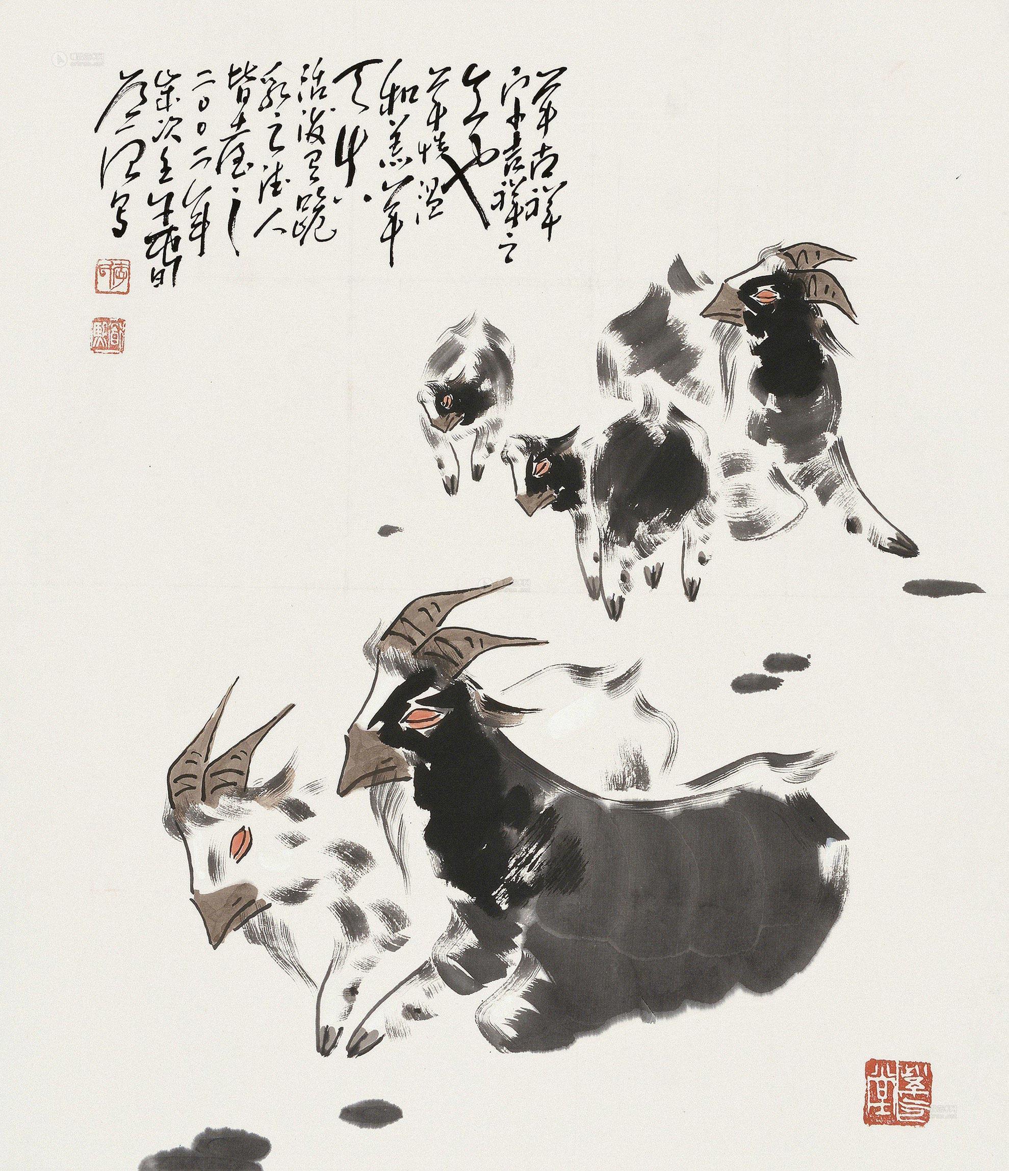【2002年作 五羊开泰 立轴 设色纸本】拍卖品_图片_价格_鉴赏_绘画