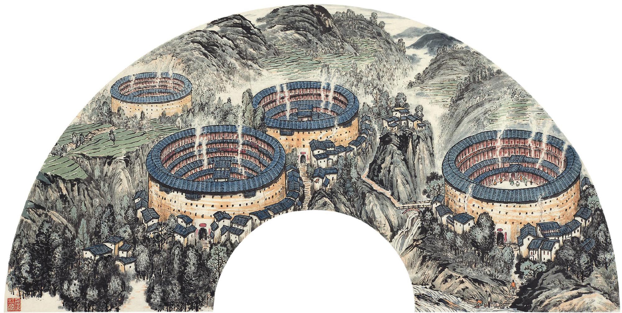 【土楼房东暖夏凉 镜心 设色纸本】拍卖品_图片_价