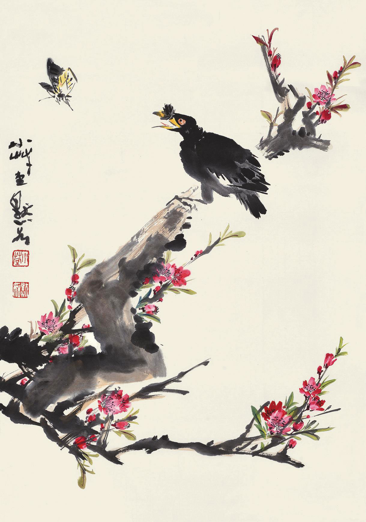 【桃枝八哥 镜心 设色纸本】拍卖品_图片_价格_鉴