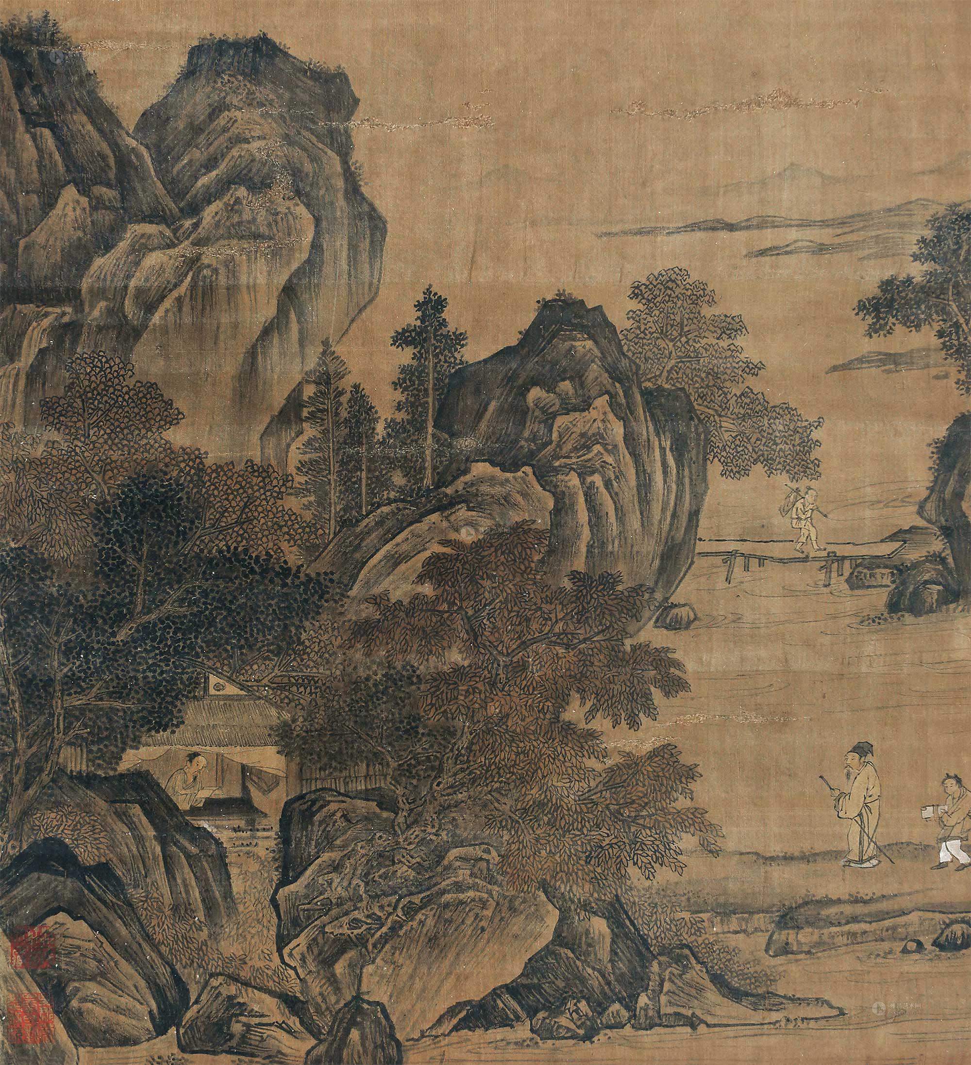 0522策杖访友图立轴水墨绢本