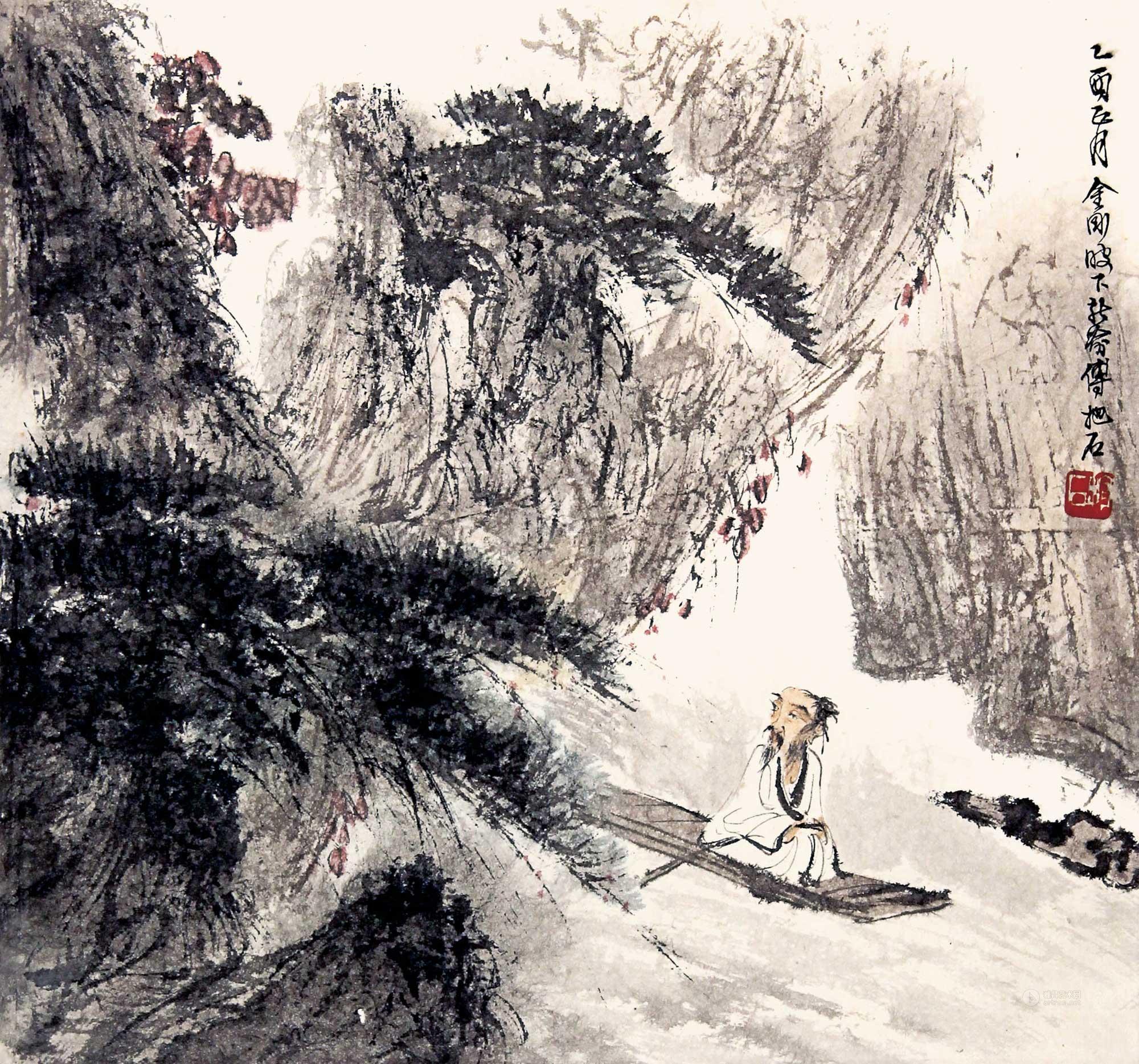 0915松溪泛舟立轴纸本