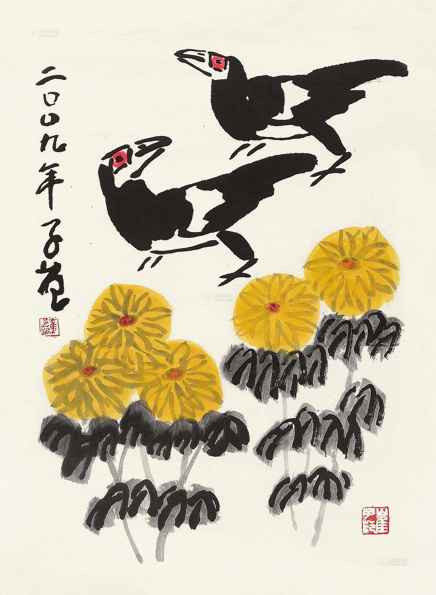 02102009年作菊花双喜镜片水墨纸本