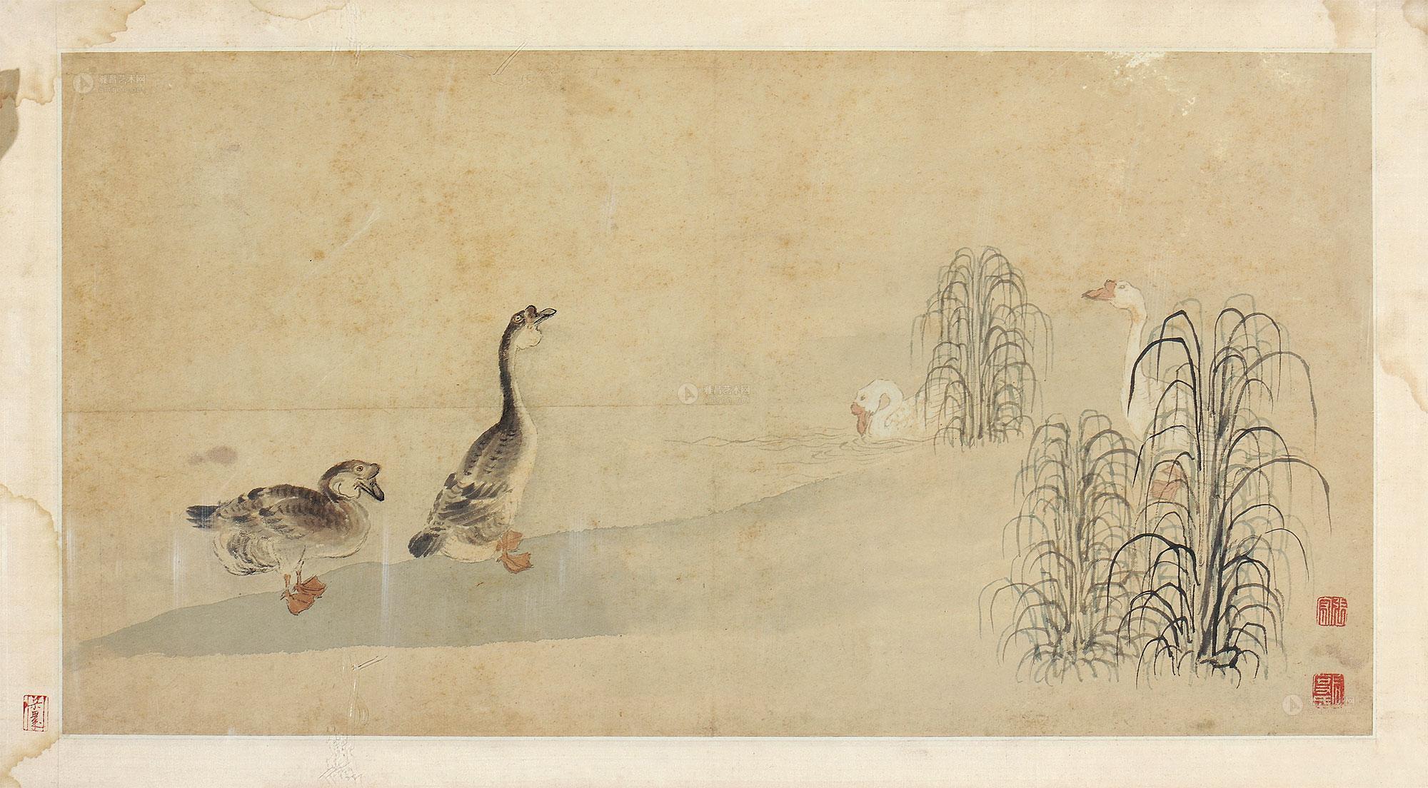 2468鹅鸭戏水图镜心设色纸本