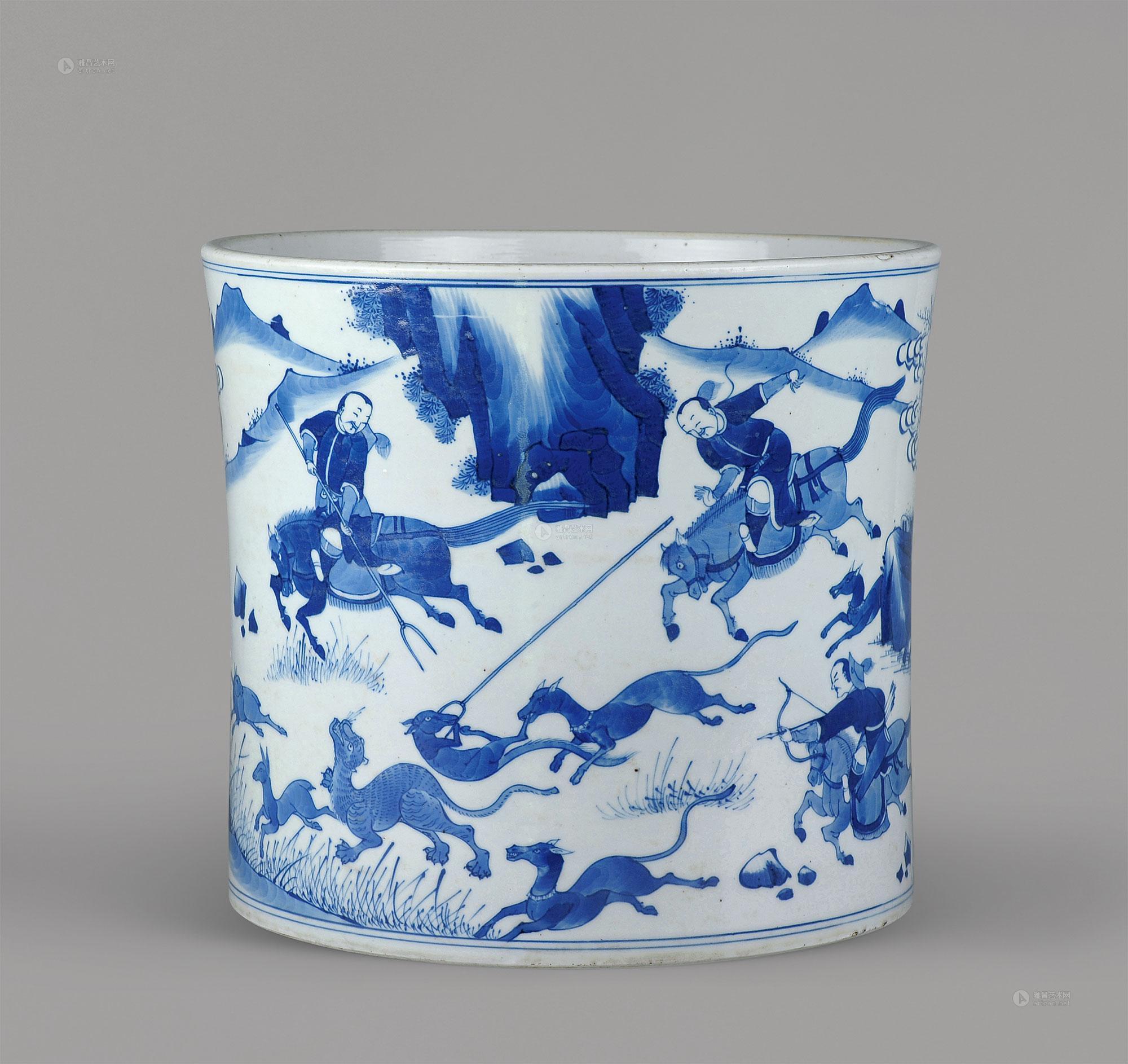 1014清康熙青花狩猎图大笔筒