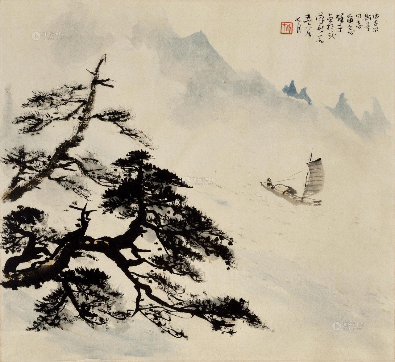 【1956年作 江景松树图 镜框 设色纸本】拍卖品_图片_价格_鉴赏_绘画