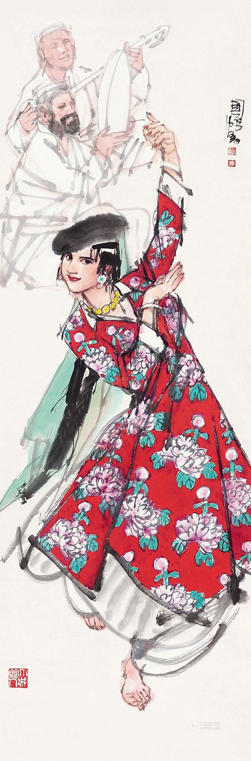 【新疆舞蹈人物 镜片 设色纸本】拍卖品_图片_价格_鉴赏_绘画_雅昌