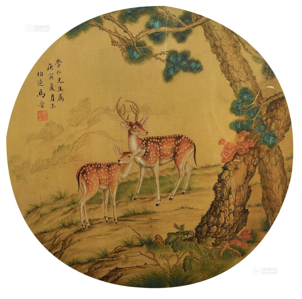 0010松鹿图镜心设色绢本