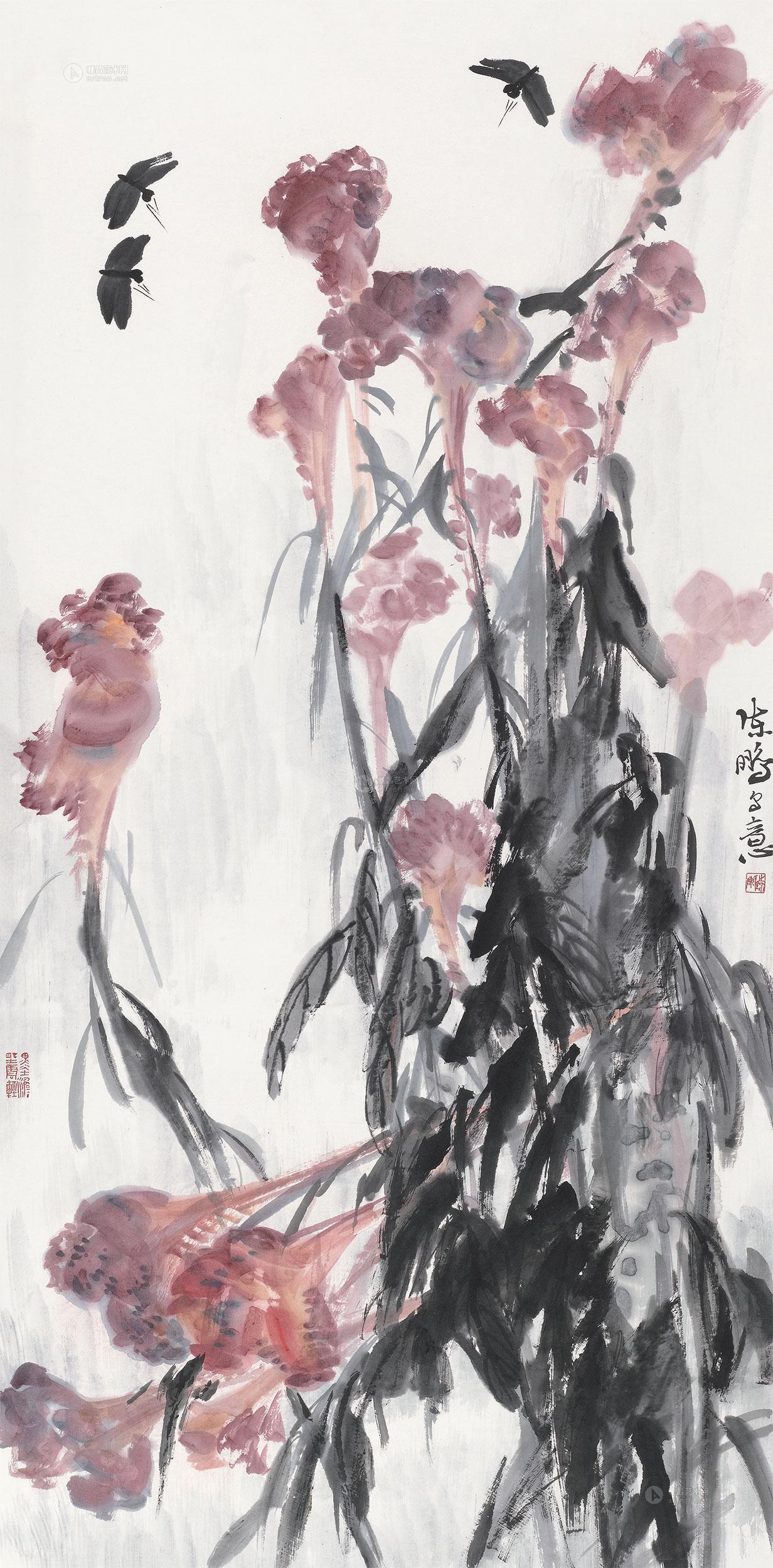 0414鸡冠花立轴设色纸本
