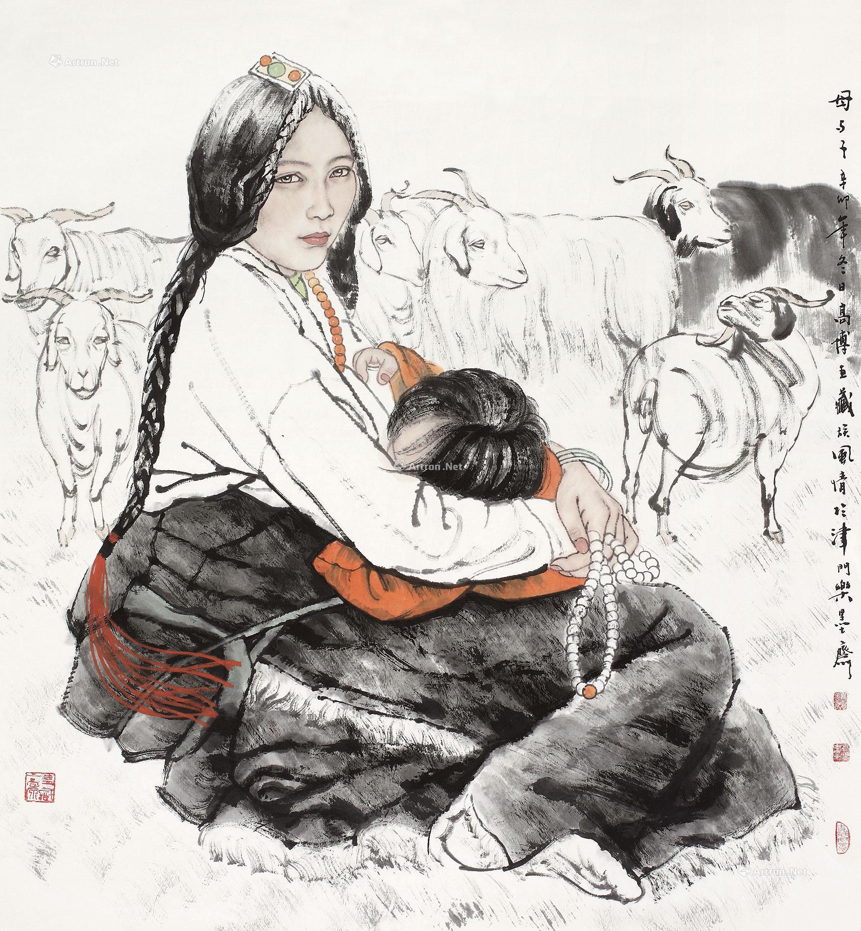 0359母与子镜片设色纸本