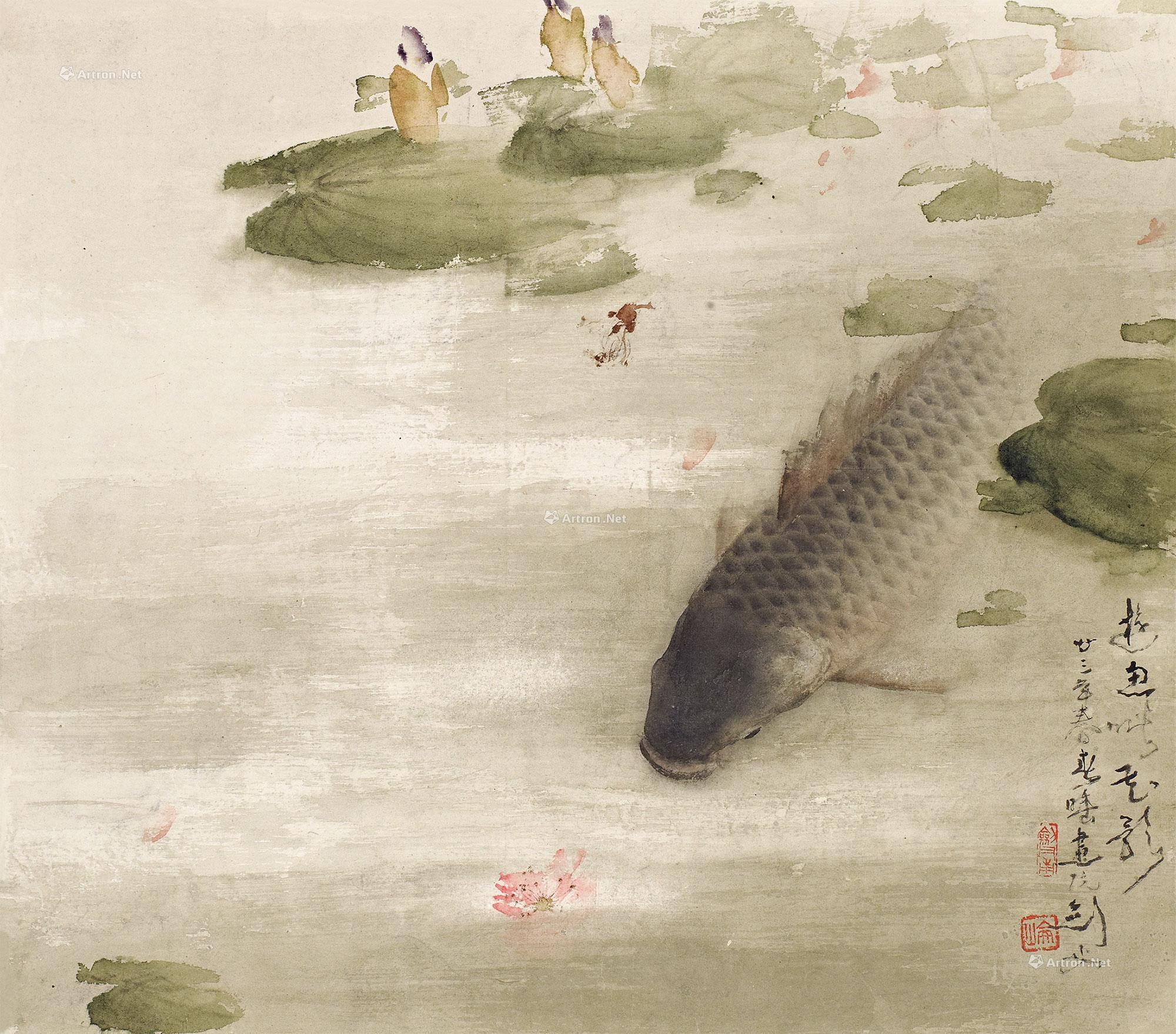 0146廿三年1934年作游鱼啖花影立轴设色纸本